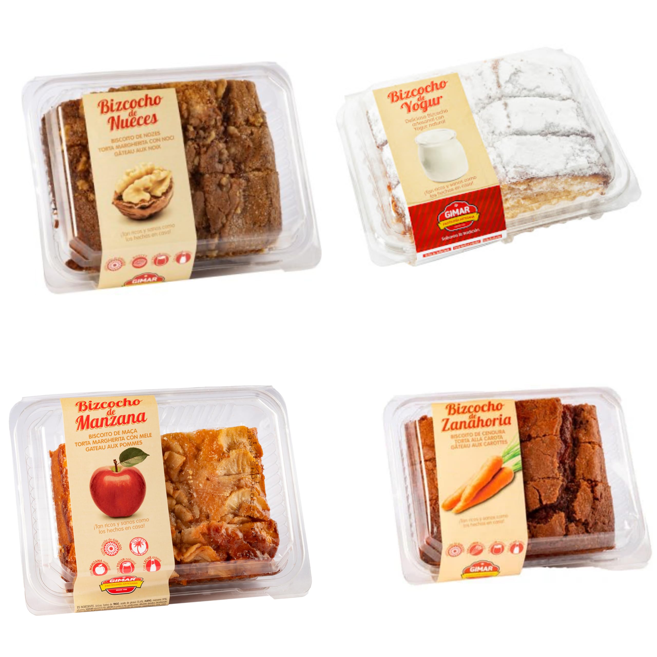Bizcochos Surtidos Gimar Pack 4 Bizcochos: Bizcocho Nueces - Bizcocho Zanahoria - Bizcocho Manzana - Bizcocho Yogurt - Pack de 4 Bizcochos.