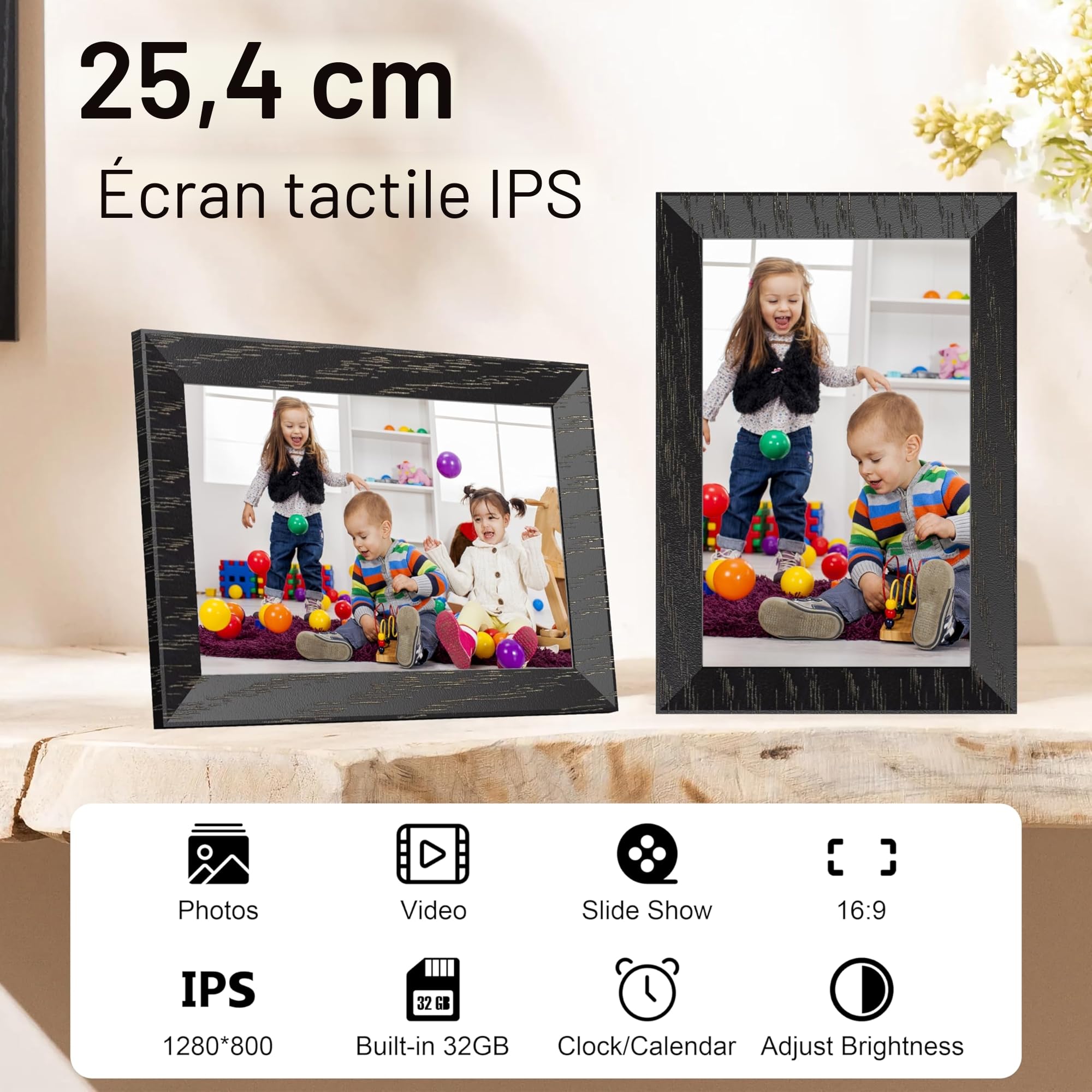 Cadre Photo numérique Wi-FI de 10,1 ", écran Tactile IPS 1280 x 800, Noyer 16G, partagez des Photos ou des vidéos Via l'application Uhale app