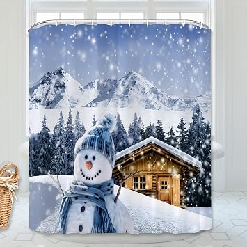 Christmas Shower Curtain, Winter Season Snowman Snowflake Bathroom Curtain, Merry Christmas Bathroom Decoration Bathroom Decor Curtain with 12 Hooks 60x72 Inches