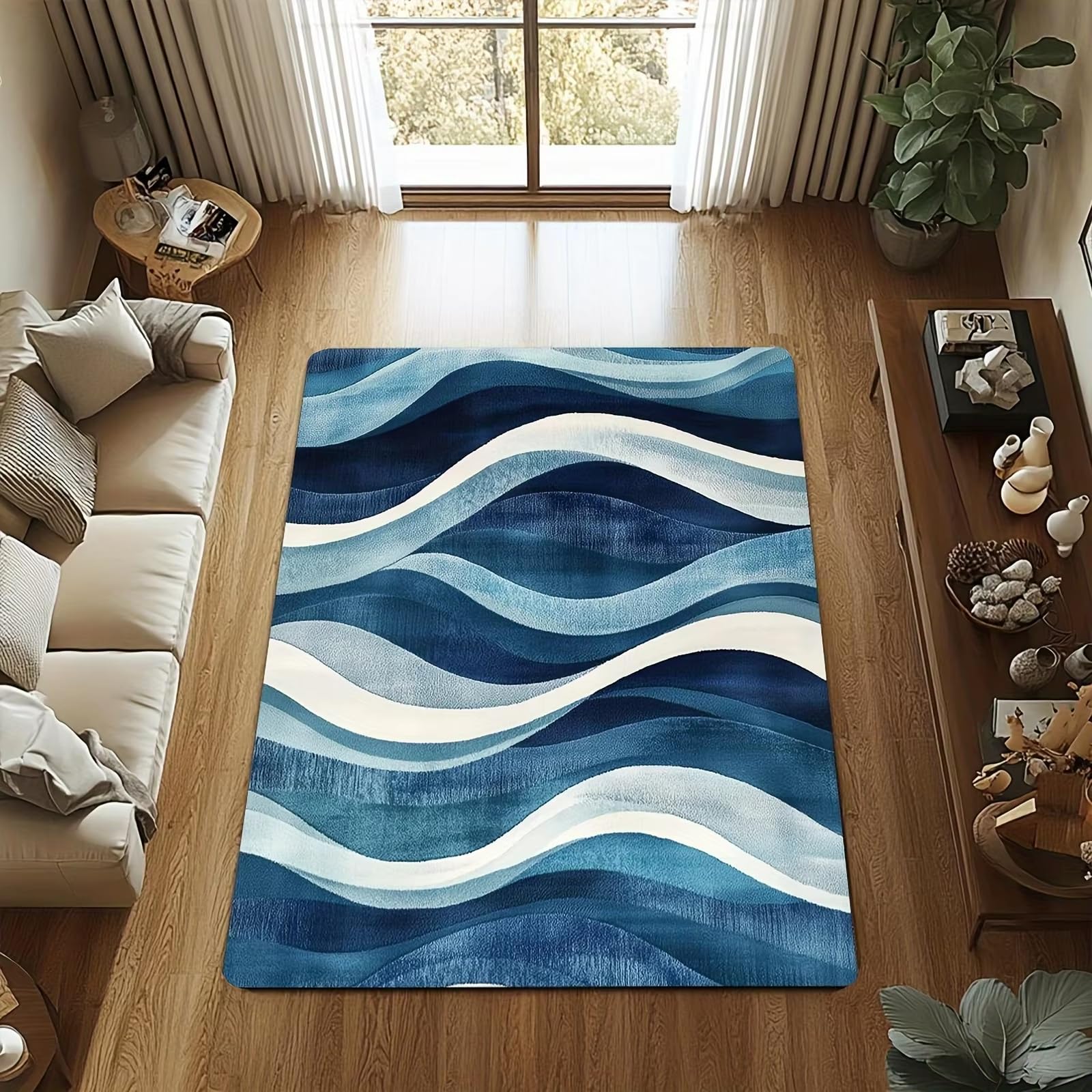Tapis lavable bleu marine à motif vague moderne 100x120 cm pour salon et chambre