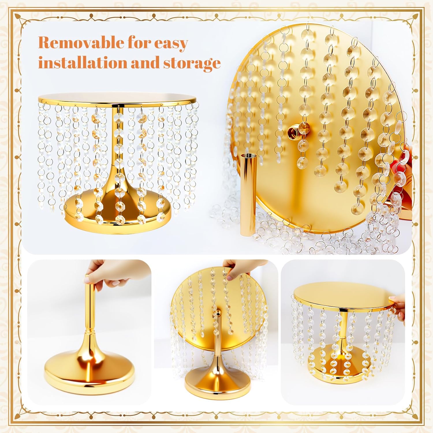 6pcs Crystal Gold Cake Stand Dessert Table Display Set, Round Metal Cupcake Holder with Pendant, Gold Desserts Stands for Wedding, Party