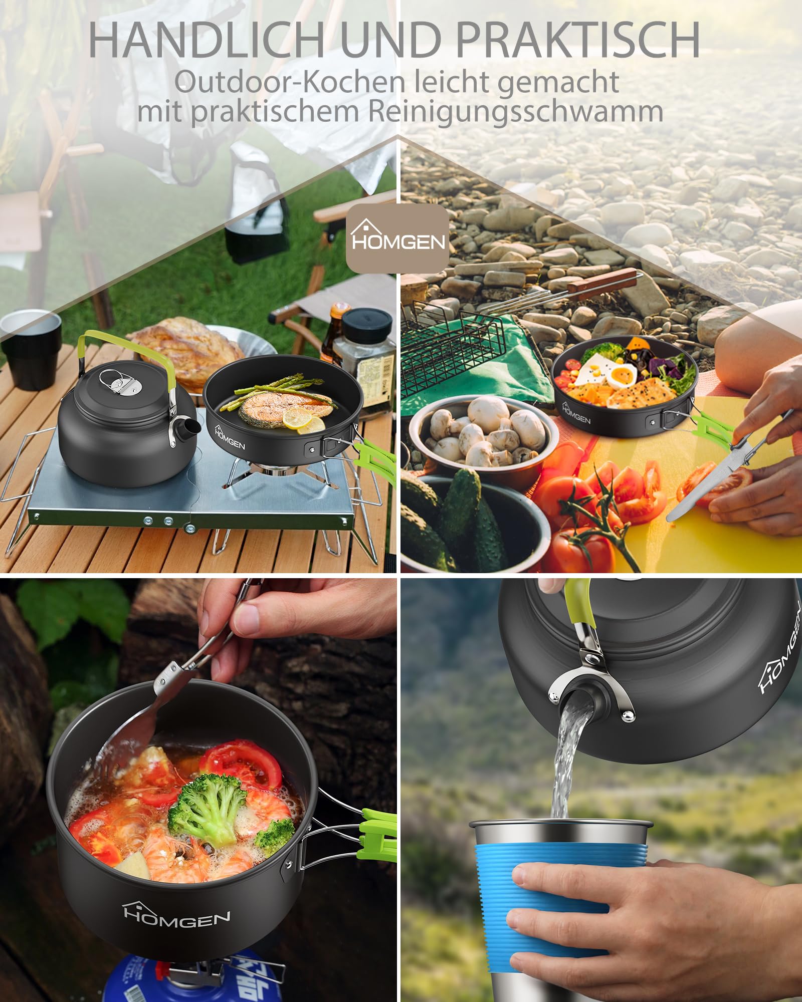 HOMGEN Camping Kochgeschirr Set aus Aluminium – Leichtes Camping Topfset mit Antihaft-Beschichtung, Klappbaren Griffen und Tragetasche, Outdoor Kochset für Camping, Trekking, Wandern, Picknick