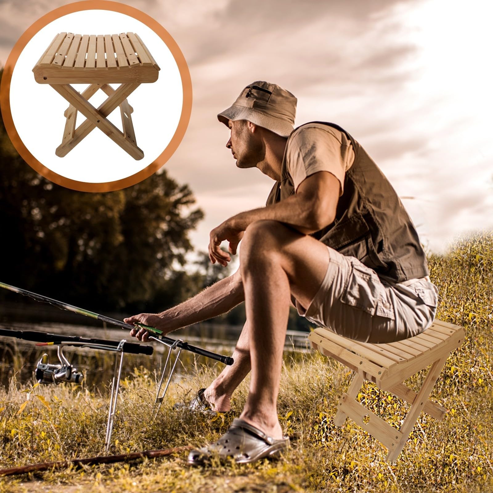 Taburete Portátil Plegable para Pesca y Camping de Bambú