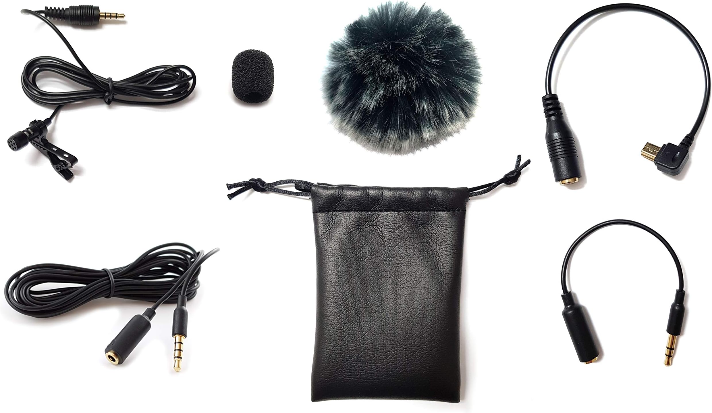 Mind-Care-Essentials professional lavalier microphone, complete set including Mini fur windscreen TRRS cable and TRS adapter, compatible with Gopro 3/3+/4+ smartphone (iPhone and Android) and tablet, DSLR camera, camcorder, clip-on microphone