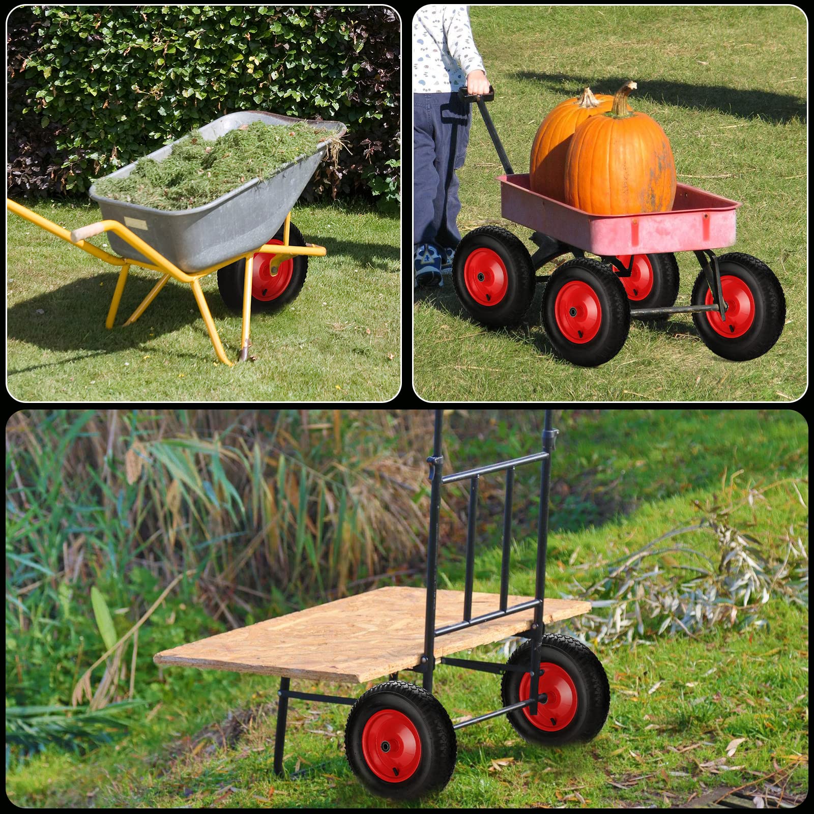 4x Schubkarrenrad 4.80 4.00-8 PU luftbereift mit Achse, Ø 390 mm, bis 200 kg Traglast, 95 mm, Gummirad Luftreifen