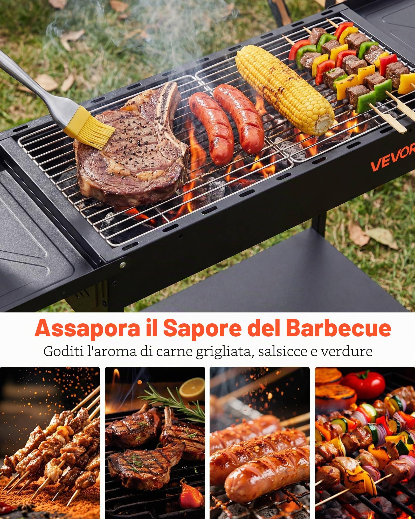 VEVOR Griglia per Barbecue a Carbonella Pieghevole, Barbecue Portatile Altezza Regolabile con Ripiani Laterali per Spezie Salsa, Griglia a Carbone BBQ da Campeggio Picnic Feste da Esterno Giardino