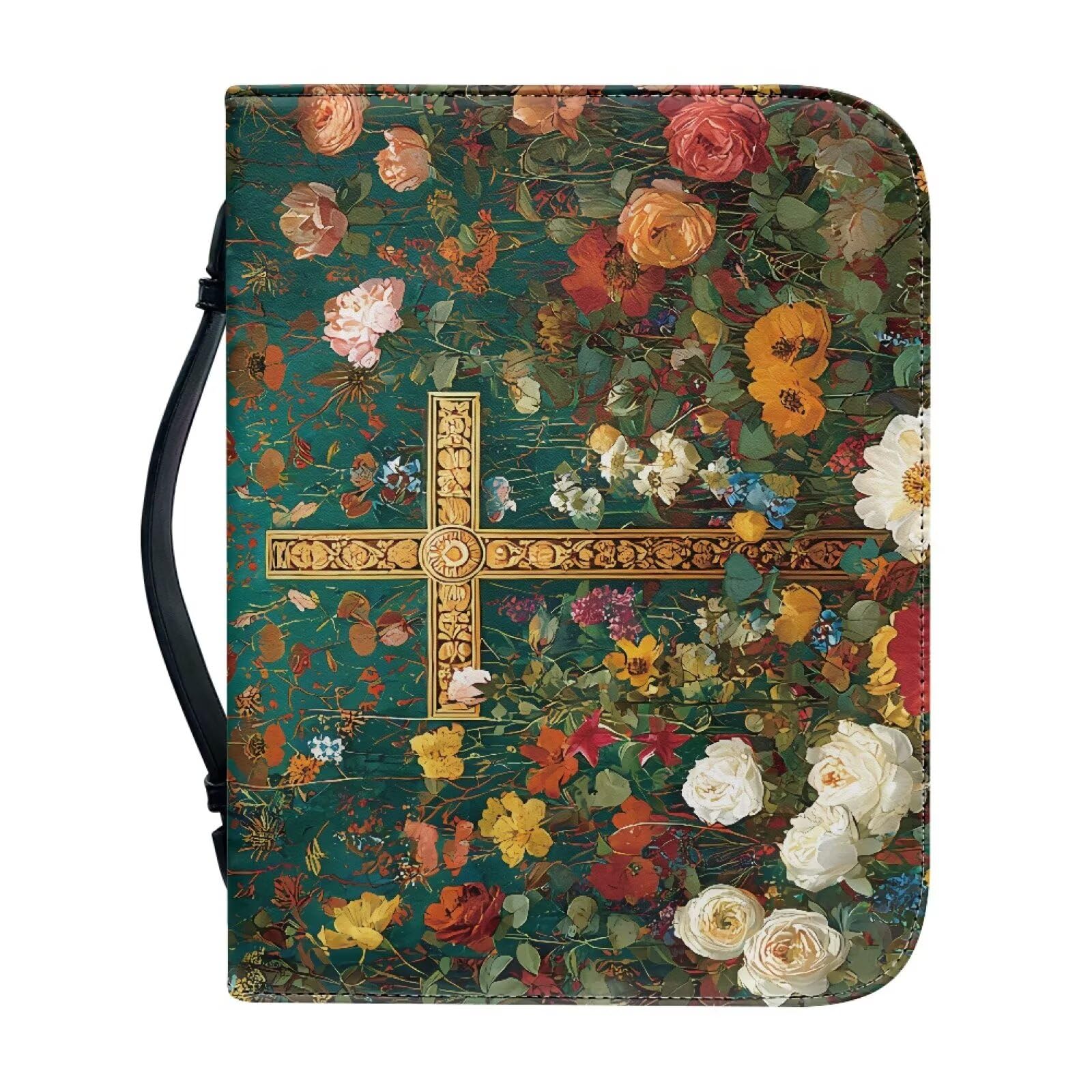 Kuiaobaty Floral Cross Bible Cover Case with Handles, Dust-Proof Book Covers for Paperbacks PU Leather Large Bible Bag Organizer, 4 Size