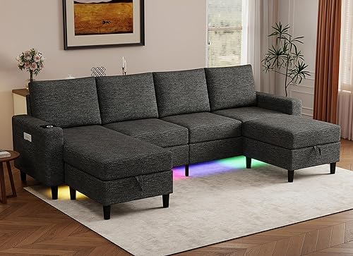 Miniatura 11 de Sofás seccionales inteligentes para sala de estar, sofá seccional en forma de U /L de 4 asientos con luz RGB y carga, muebles modernos de sala de