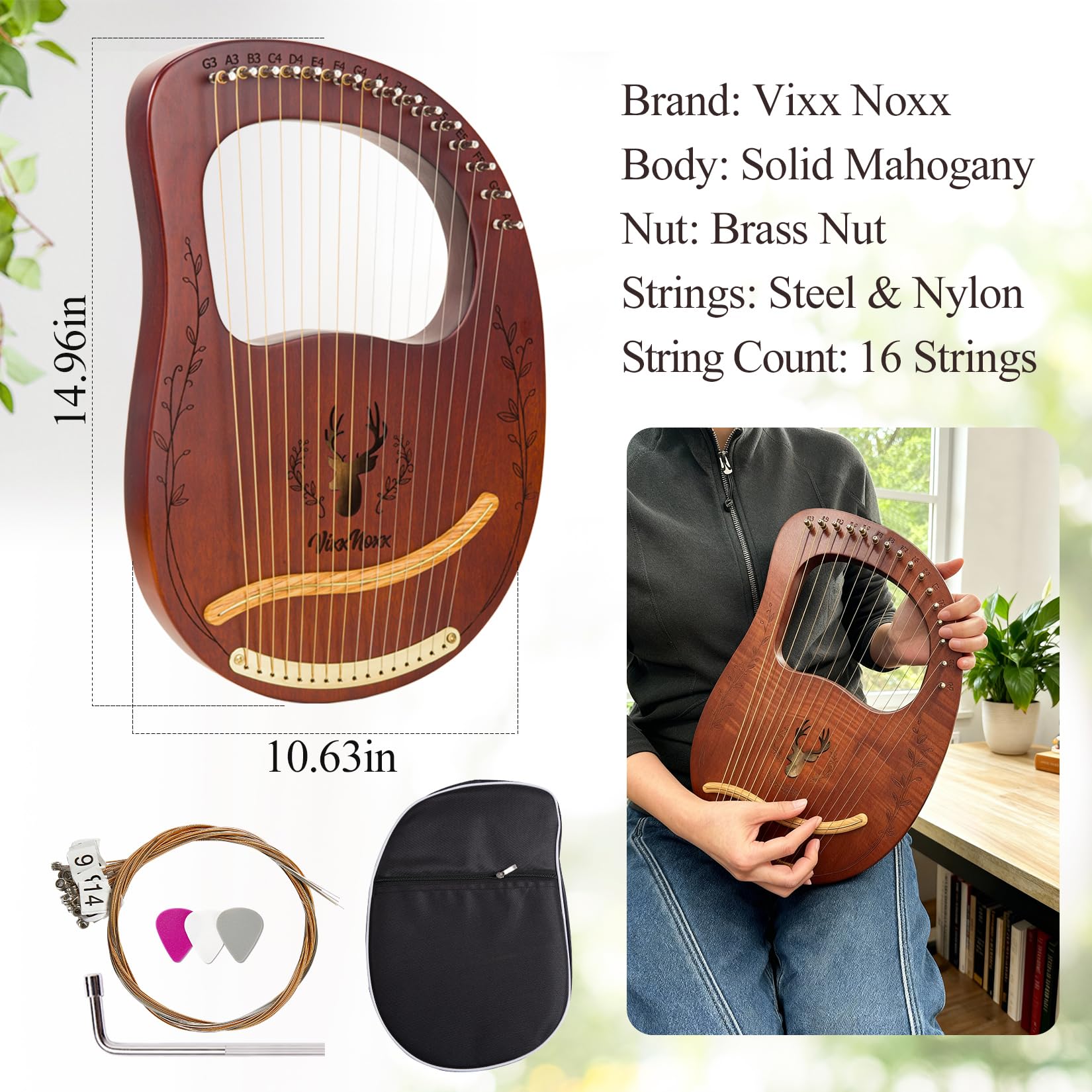 Lyre Harp Kit, Arpa in Mogano 16 Corde, Strumenti Musicali a Corda con Chiave, Istruzioni per L'Uso (Lingua Italiana Non Garantita) per Principianti e Adulti