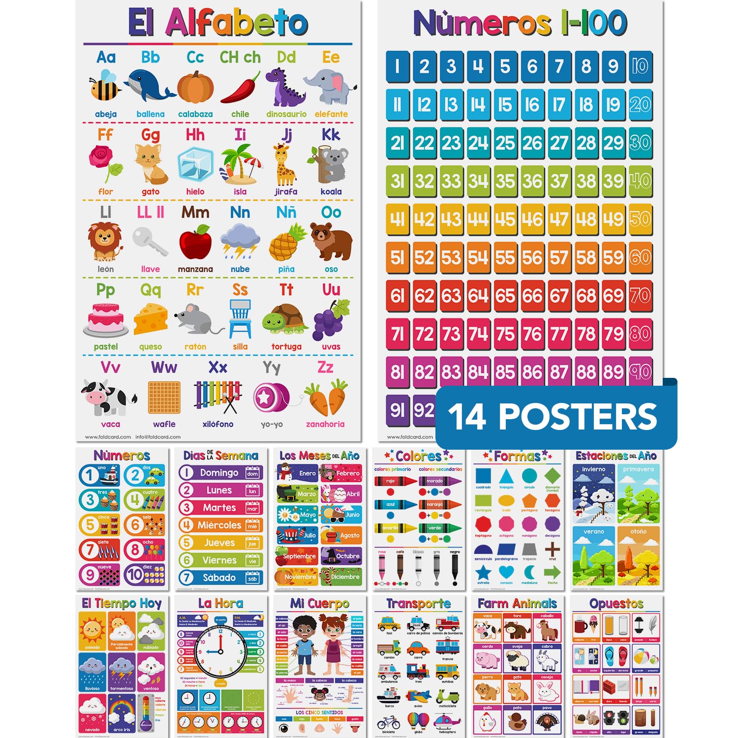Carteles educativos en español para niños, paquete de 14 decoraciones bilingües para el aula y la escuela en casa y materiales escolares, preescolar a grado 3, cartulina duradera y brillante, 11 x 17