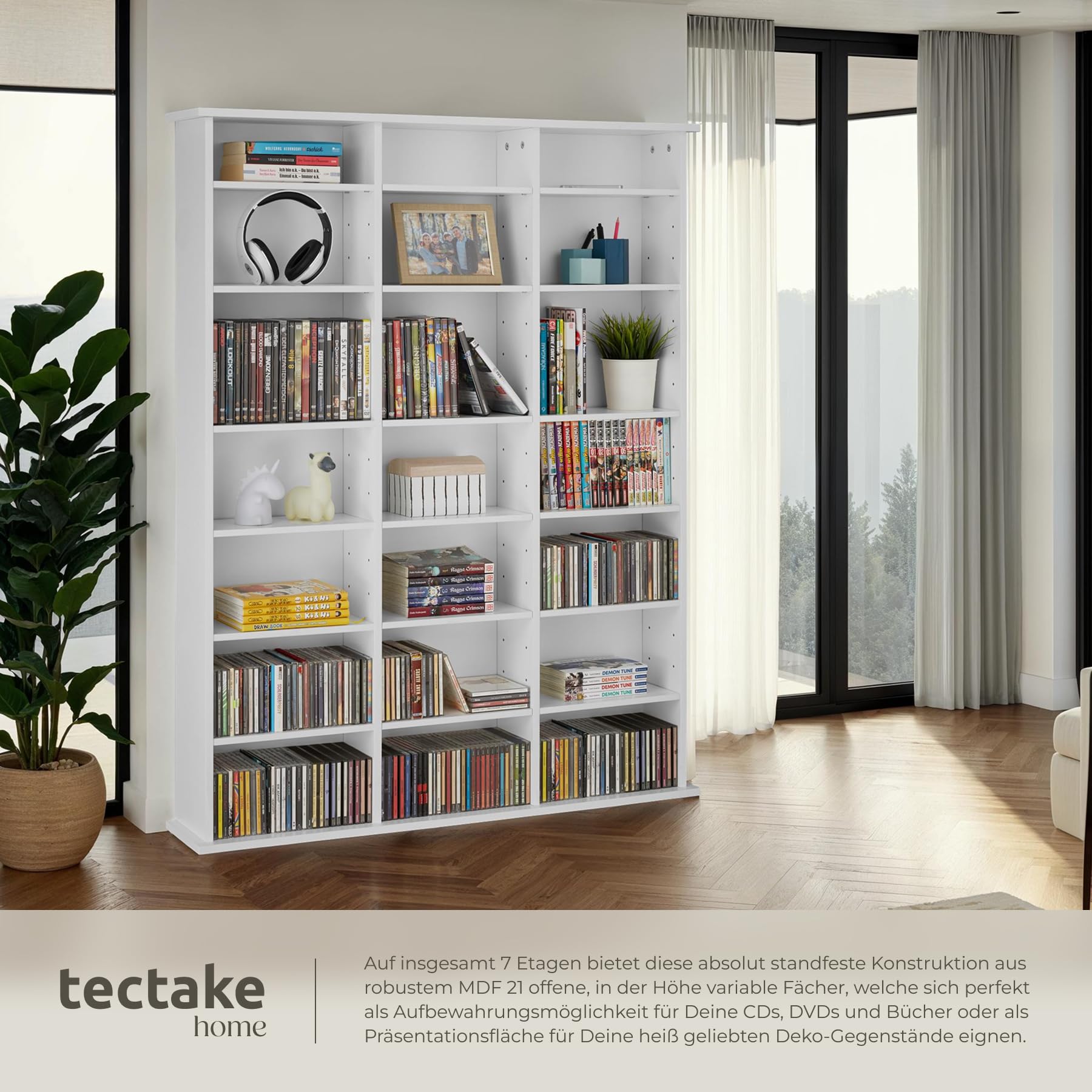 tectake® CD Regal, DVD Ständer, Raumteiler Schrank, Wand Regale Weiß, 18 Einstellbare Zwischenböden, Manga Aufbewahrungssystem - Weiß Matt