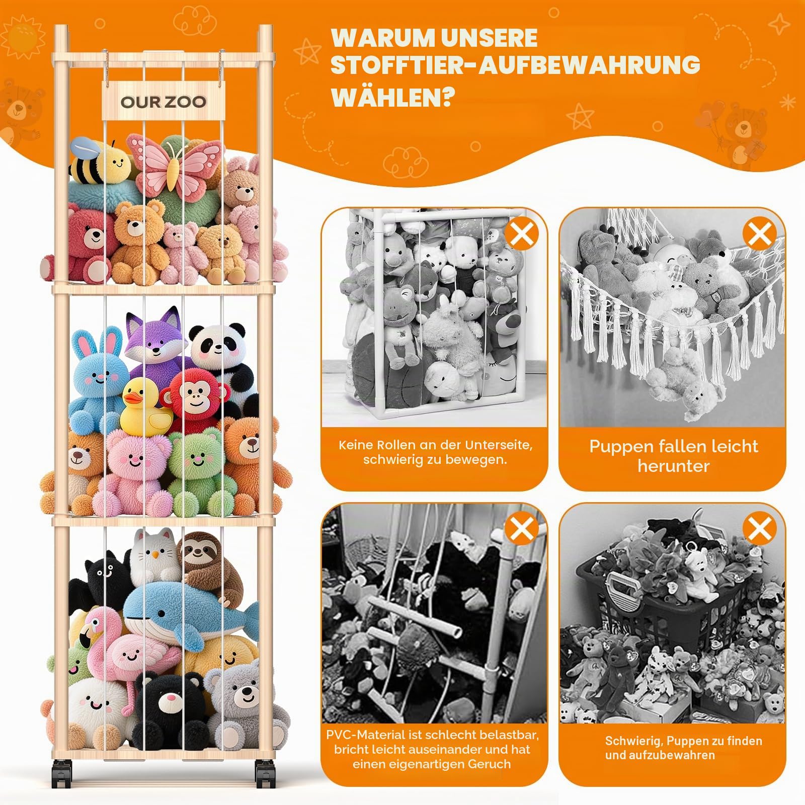 Uvellgift Holz Kuscheltier Aufbewahrung mit Netz, Stofftier Aufbewahrung Organizer 360° Drehrollen mit Bremse, Plüschtier Aufbewahrungsturm für Kinderzimmer Spielzimmer, 136x40x40cm