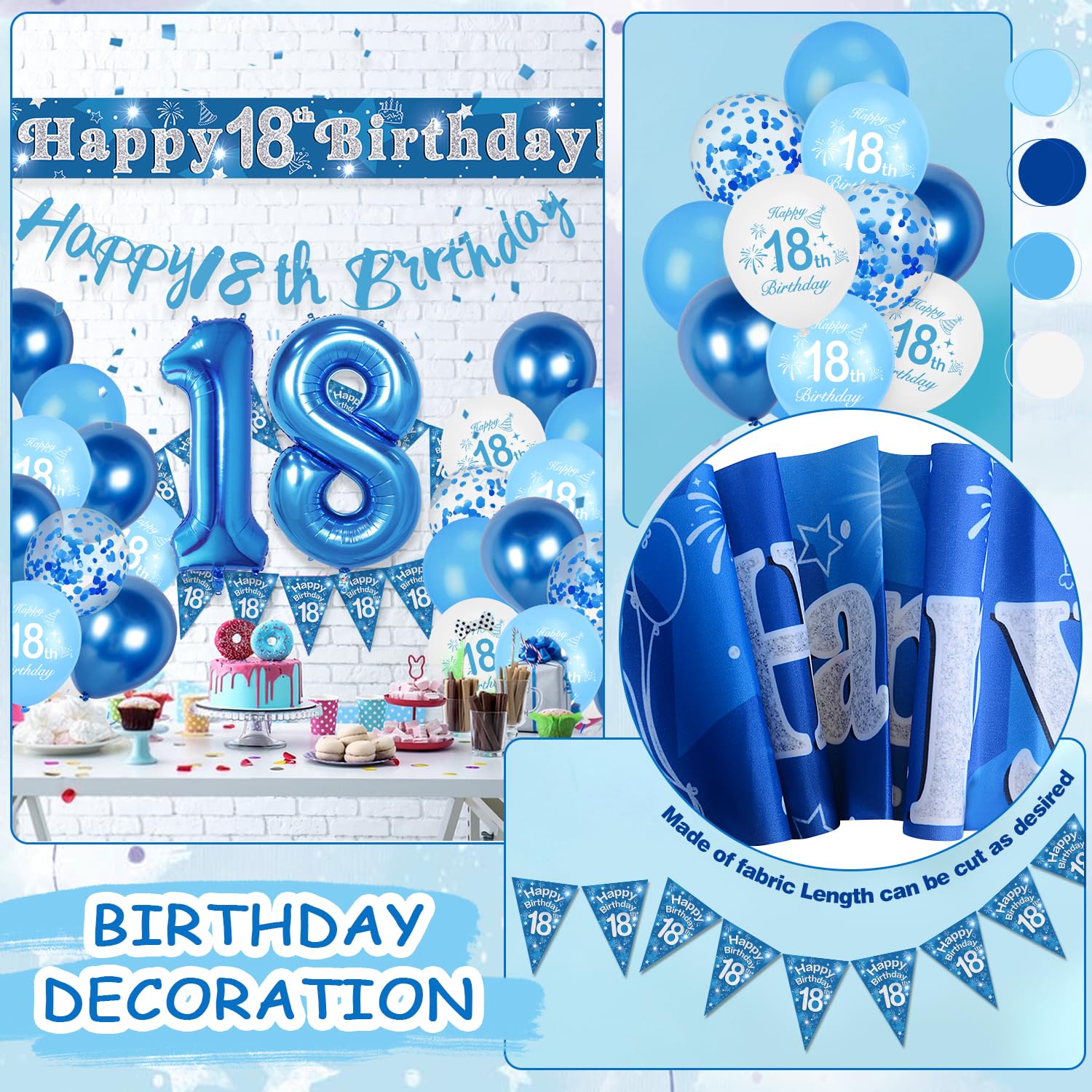 Decorazioni per il 18° compleanno blu per ragazzi e uomini, sfondo blu reale per 18° compleanno, striscione con bandiera triangolare, palloncini in lamina numero 18 per 18° compleanno, forniture per
