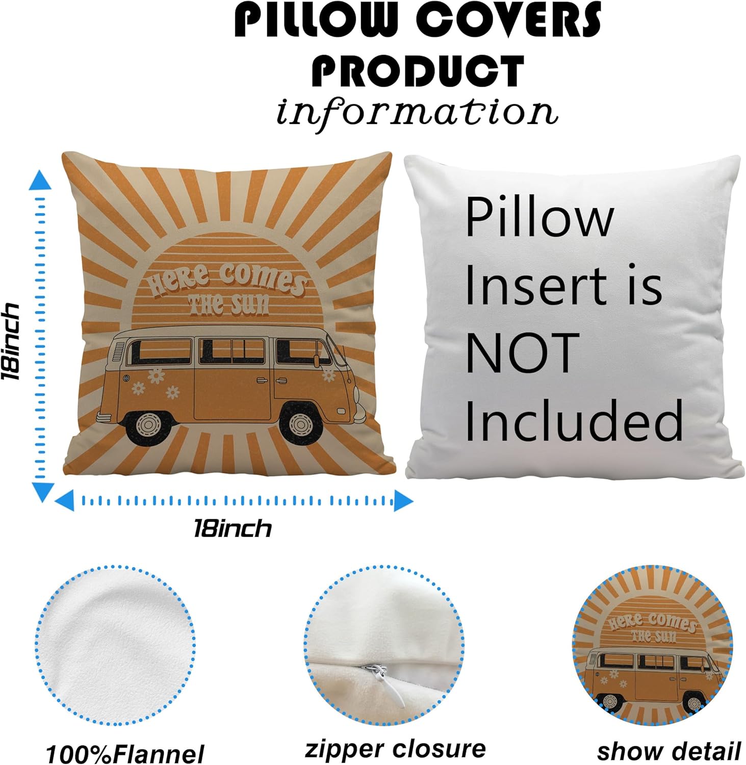 Ayxvt Here Comes The Sun Boho Vintage Floral Bus Retro Hippie Orange Sun Sunshine Reversible Throw Pillow Cover for Home Living Room Girls Room,Gifts for Women Teen Girls Teens,18x18 inches - Image 5