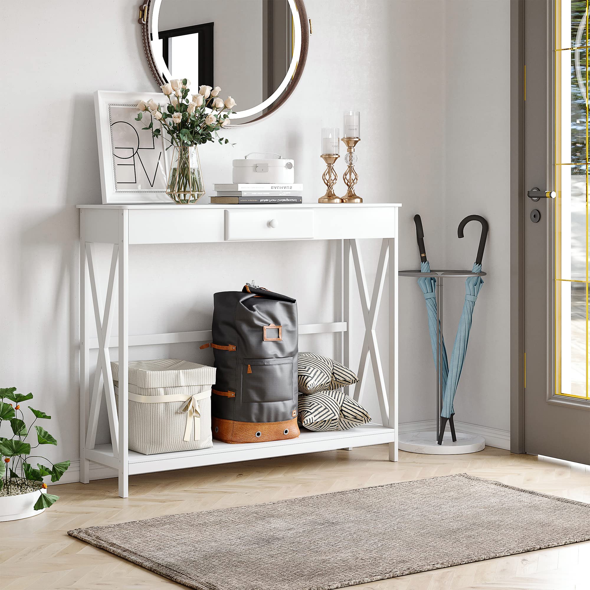 HOMCOM Table Console avec 1 Tiroir Table d'Entrée 100L x 30l x 81H cm Blanc | 1 Étagère, en Bois