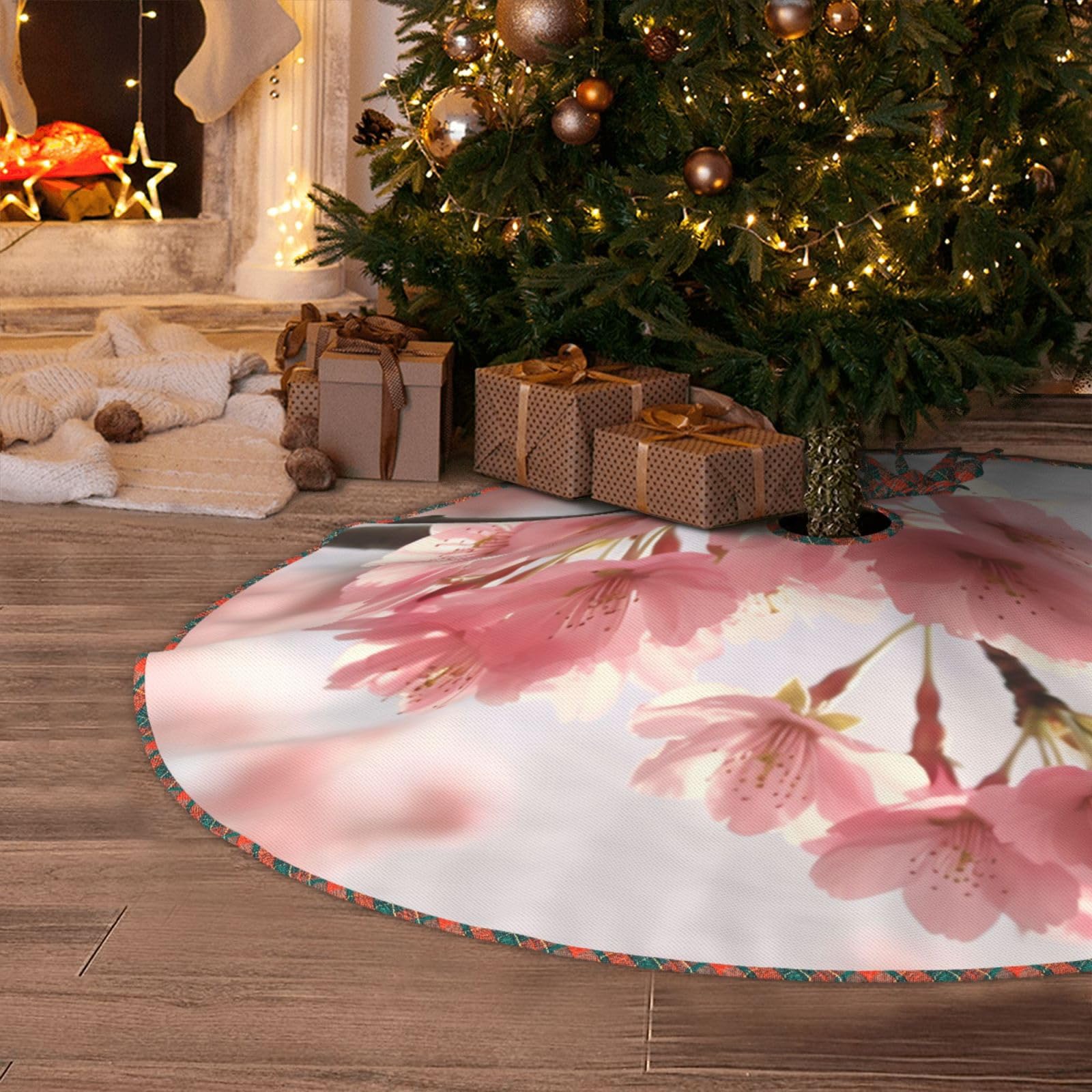 Cherry Blossom Christmas Tree Skirt 36" Artificial Tree Mat Cover Merry Christmas Burlap Xmas Tree Skirt for Christmas Decoration Holiday Indoor Outdoor Winter Party Decor