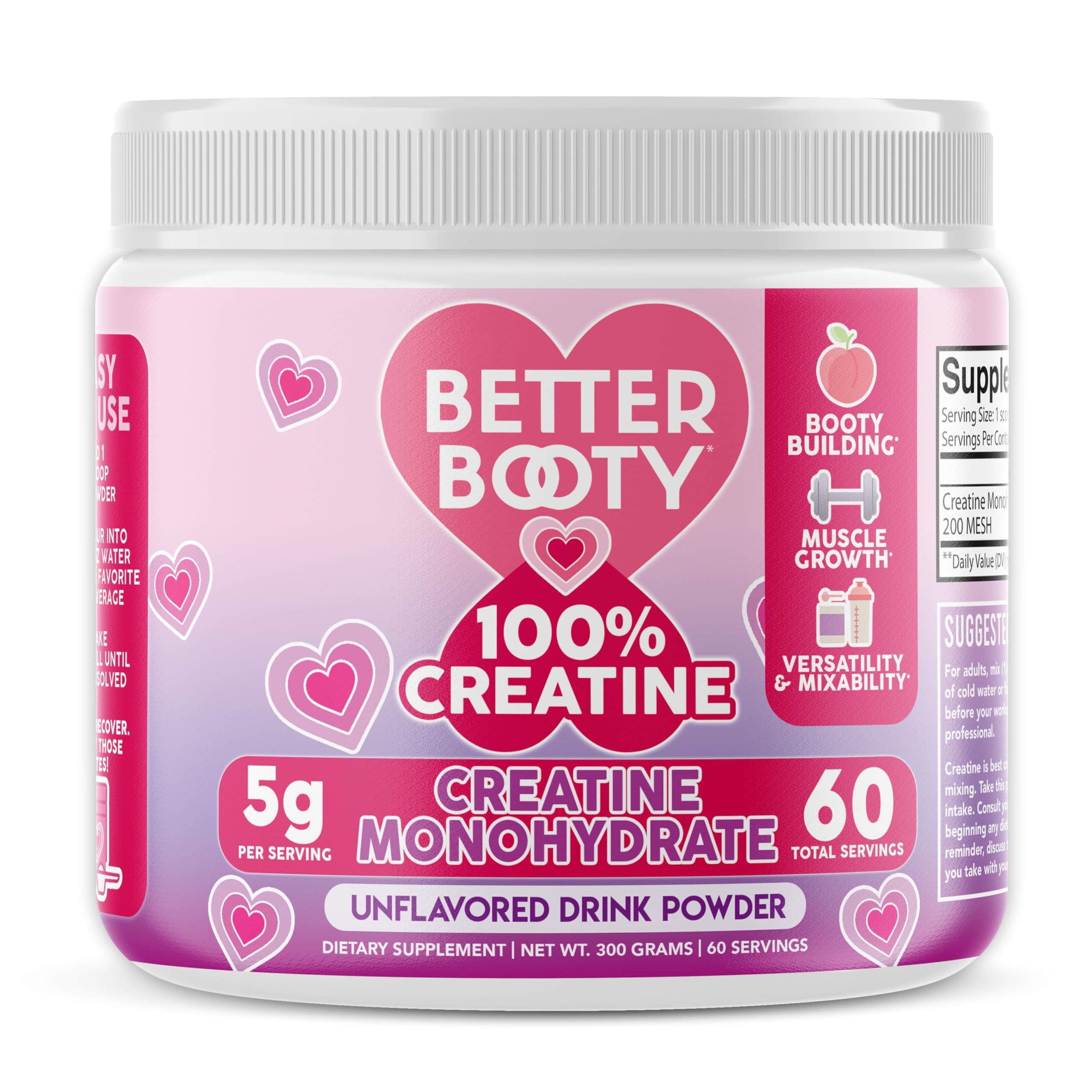 Better Booty 100% Creatine for Women, Premium Creatina Monohydrate Powder 200 Mesh Micronized, Glute Builder Supplement, Drink Mix, Unflavored, 60 Servings