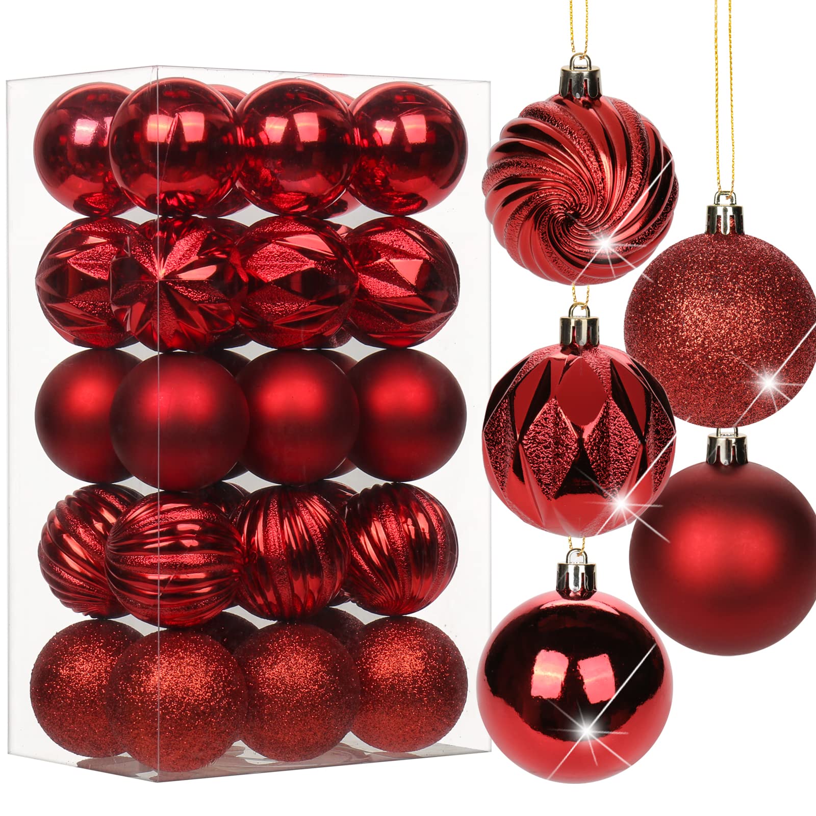 Oairse 6cm/2.3" Red Christmas Baubles 30 pcs Shatterproof Tree Ornaments with Hanging Strings, Small Christmas Tree Decorations Set for Wedding Holiday Party Wreath Xmas Halloween Home Decor