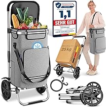 ELONEO Foldable Shopping Trolley with Cooling Compartment, 3-in-1 Trolley, Sack Truck & Shoulder Bag, Shopping Trolley, Shopping Trolley 43L Capacity & Tie Down Strap, Hackenporsche, Silver Grey