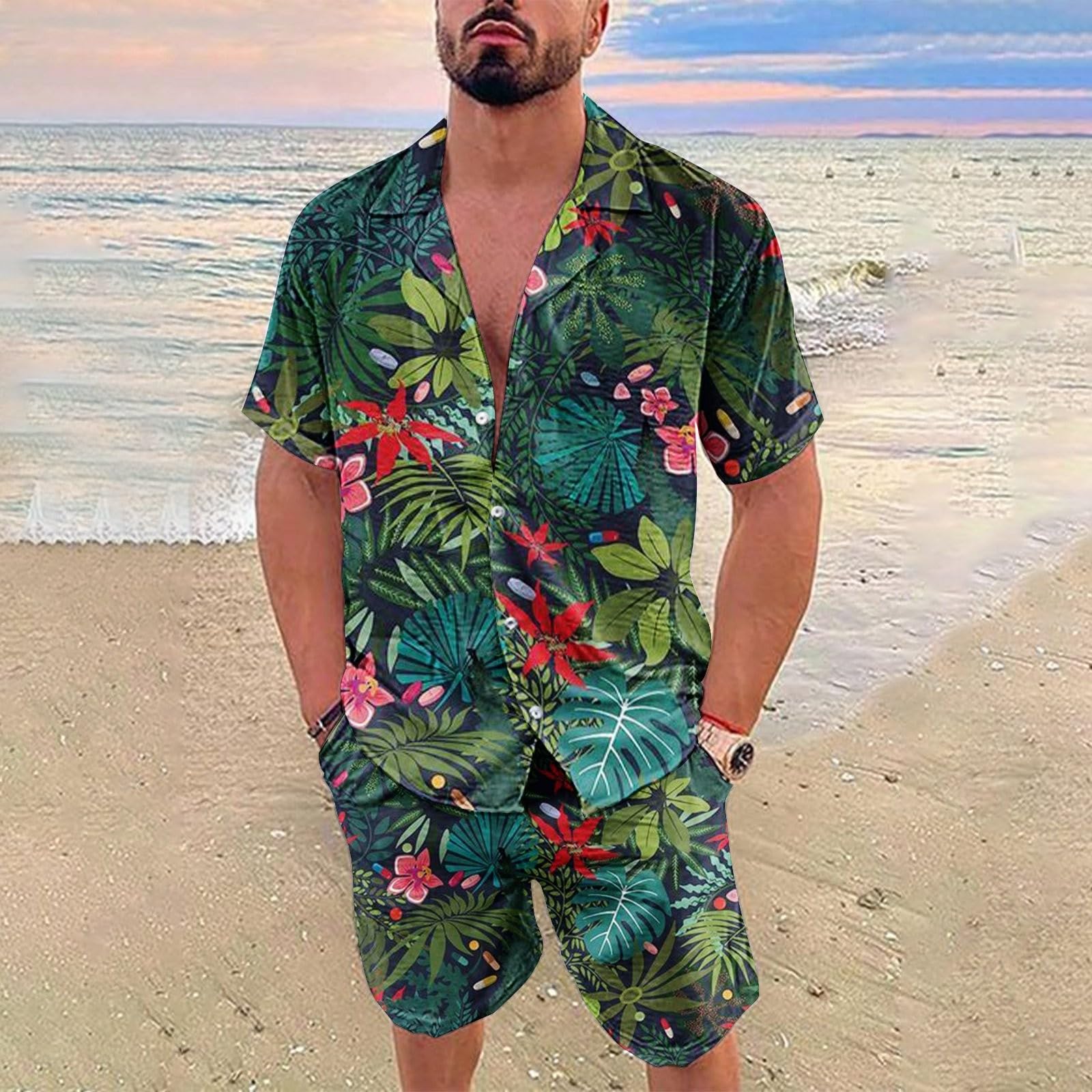 Conjuntos de Playa con Botones Y Forro de CompresióN Traje Hawaiano Camisa Manga Corta Y Pantalones Cortos Conjunto de Vacaciones para Hombres 2 Piezas Camisa Hawaiana Y Conjunto Corto