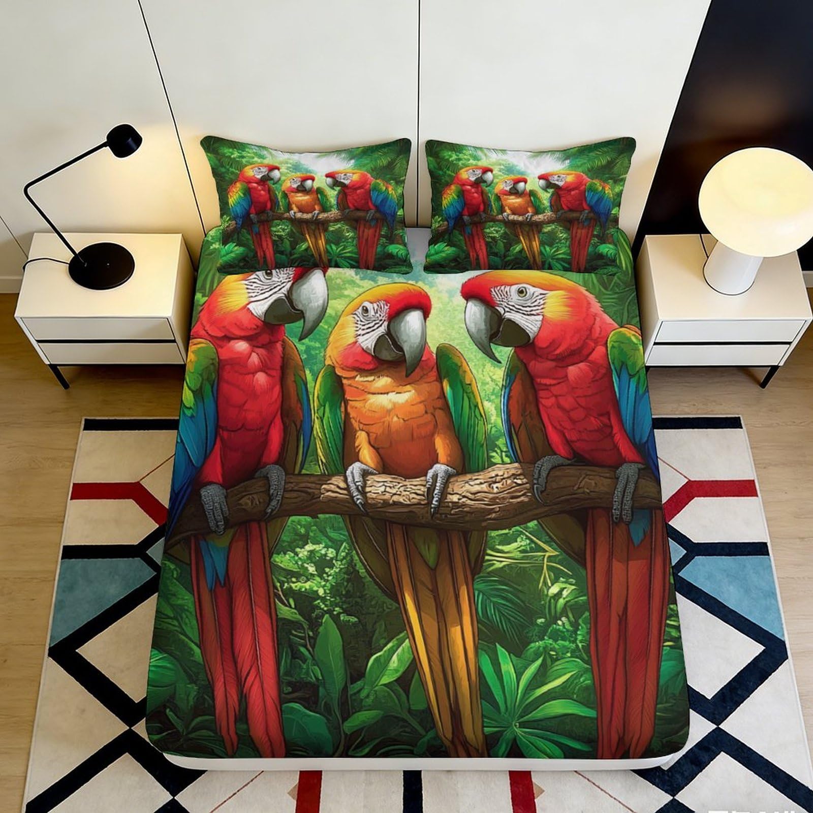 3D Printed Tropical Parrot Fitted Sheet Microfiber Soft Breathable Colorful Bird Mattress Cover for Bedroom Dormitory Guest Room Mattress Protection Decor 200x200x25cm