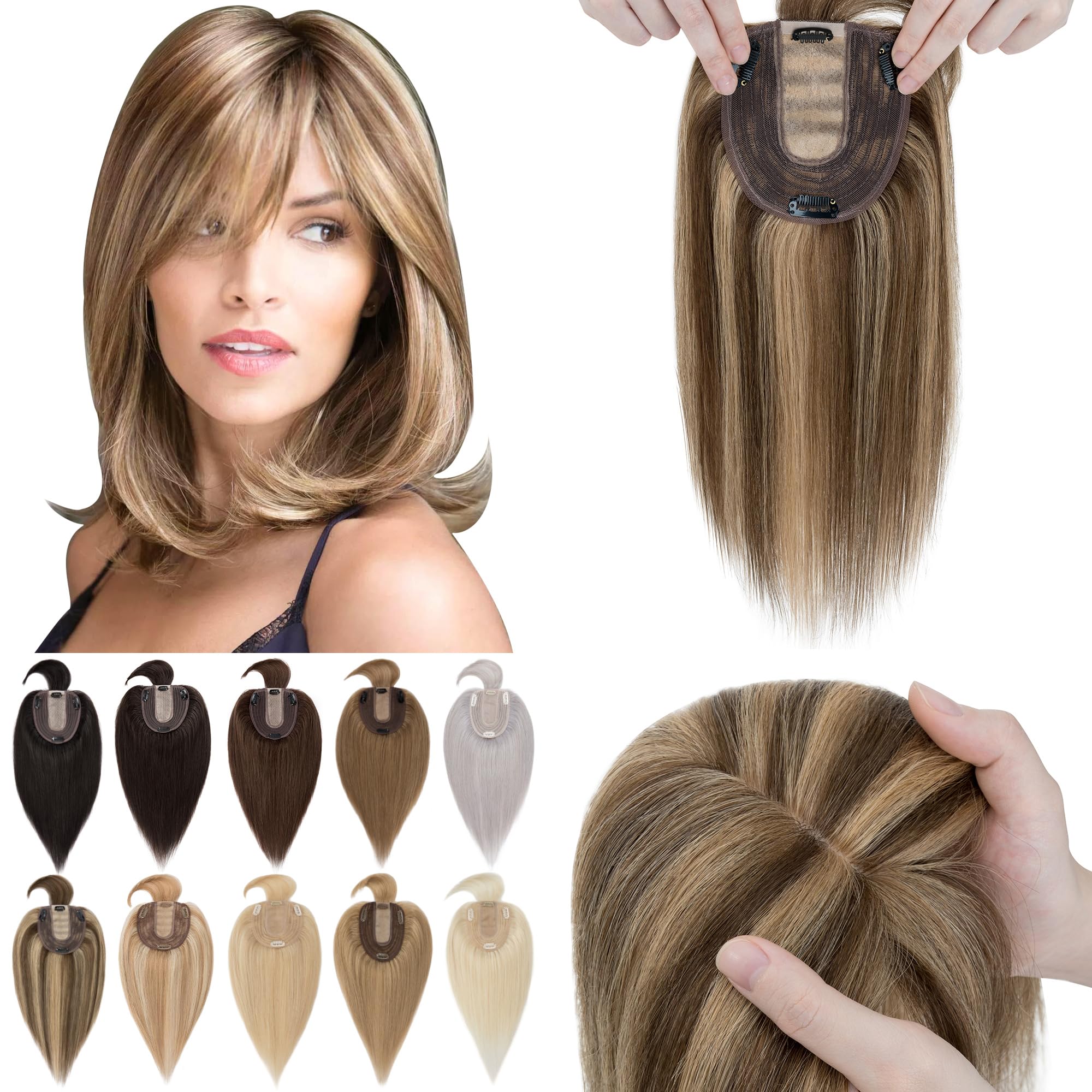 SEGO Hair Toppers for Women With Bangs Real Human Hair, 130% Density 10 * 12CM Silk Base Clip in Top Wiglet Hairpieces for Thinning Hair-12 Inch 4P27