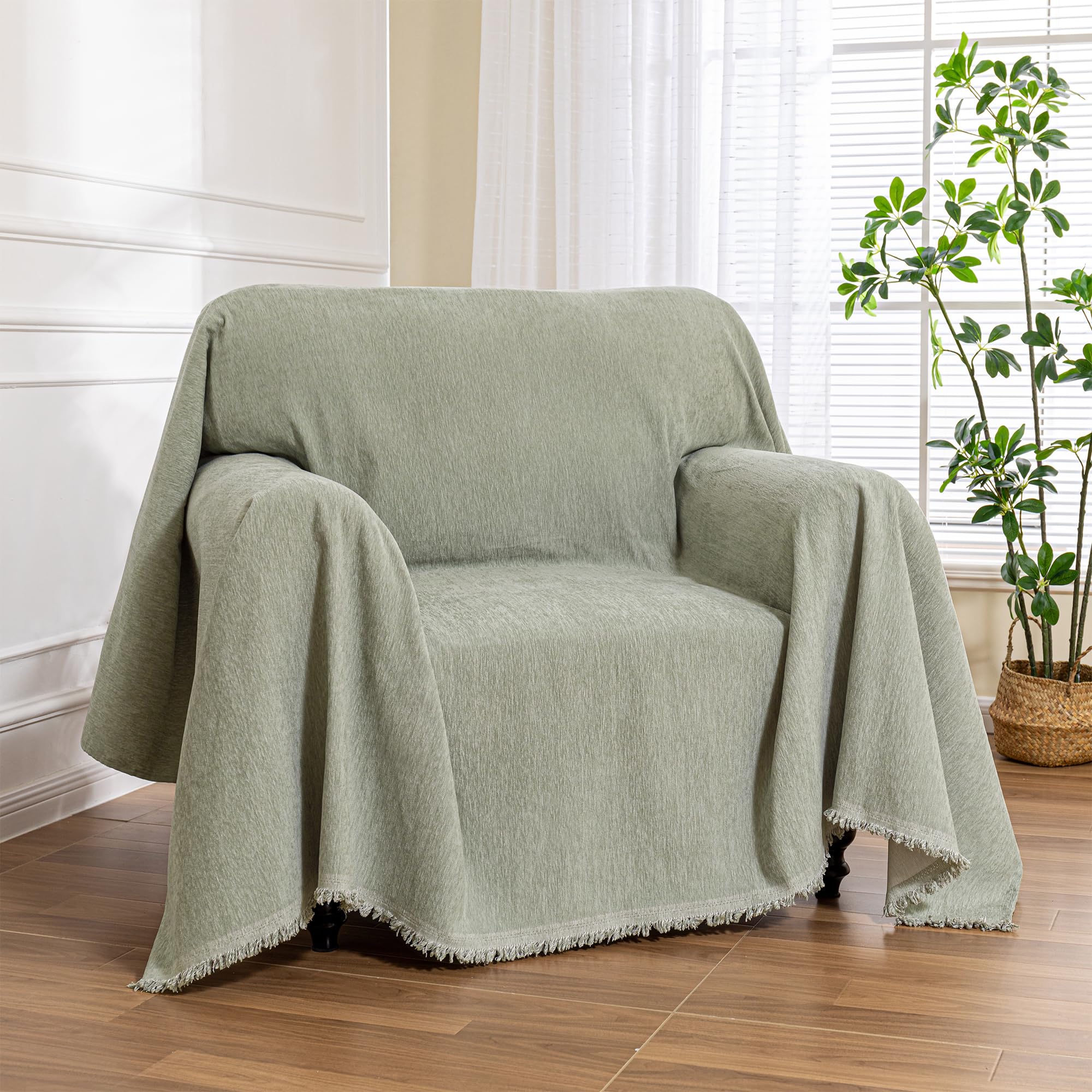 Photo 1 of MEETSKY Green Sofa Covers Armchair Single Couch Cover for Dogs Throw Couch Cover with Tassel Chair Recliner Futon Cover Washable 1 Cushion Couch Chenille Couch Protector, 71"x 91"