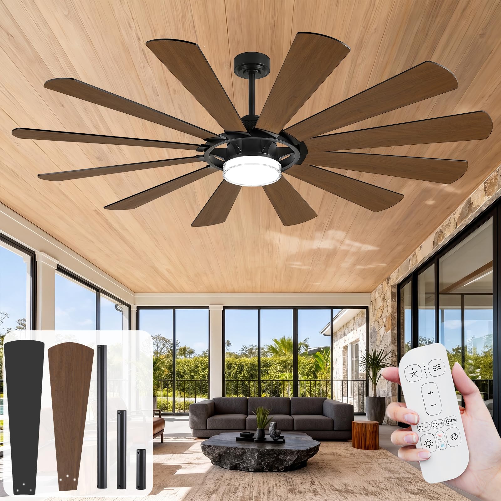 72 inch Large Farmhouse Ceiling Fan with Light & Remote, 12 Blades Windmill | High 10949…