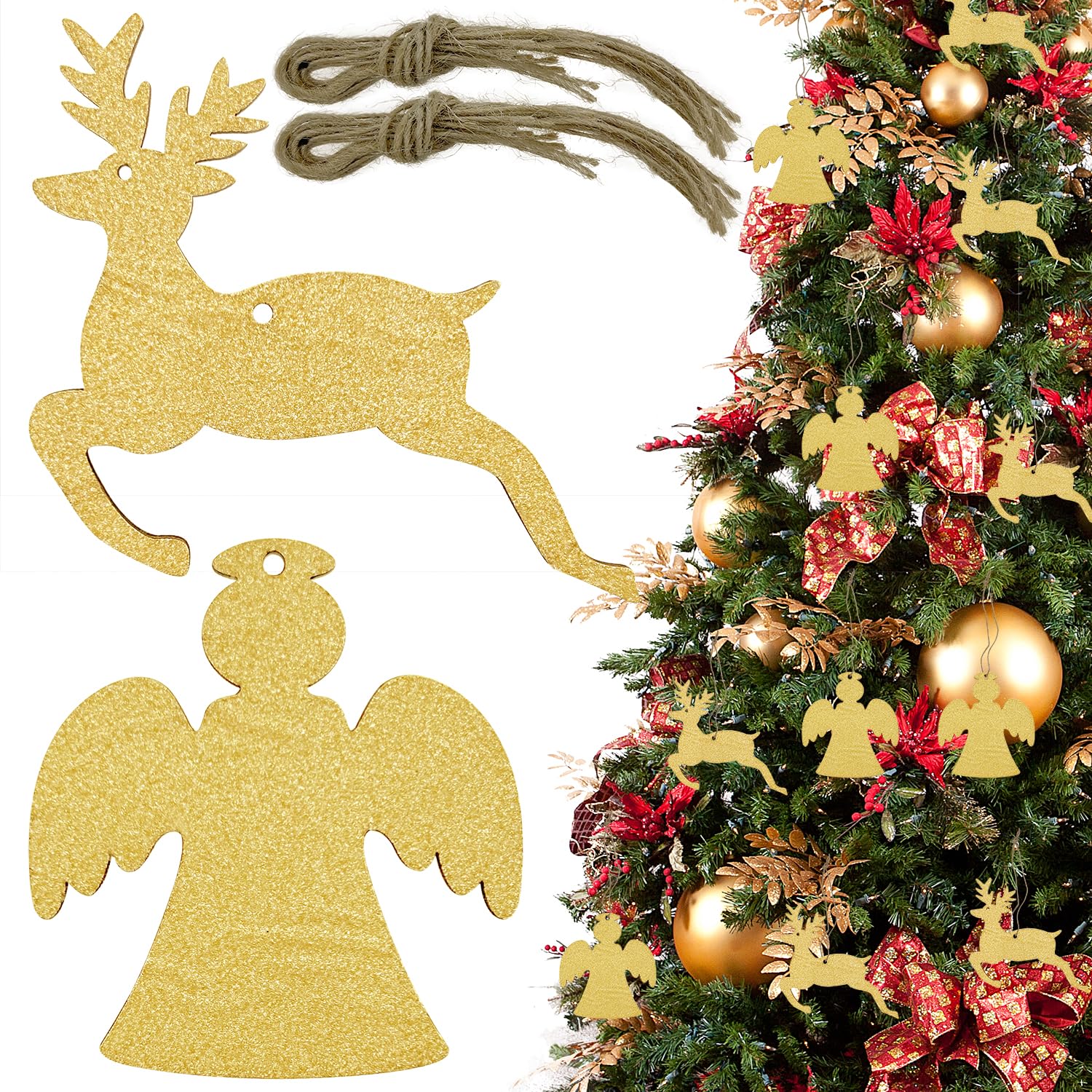 20PCS Christmas Wooden Baubles,Glitter Gold Angel Elk Christmas Wooden Slices Hanging，Cute Christmas Tree Decorations Hanging Ornaments for Home, Party, Winter Decor
