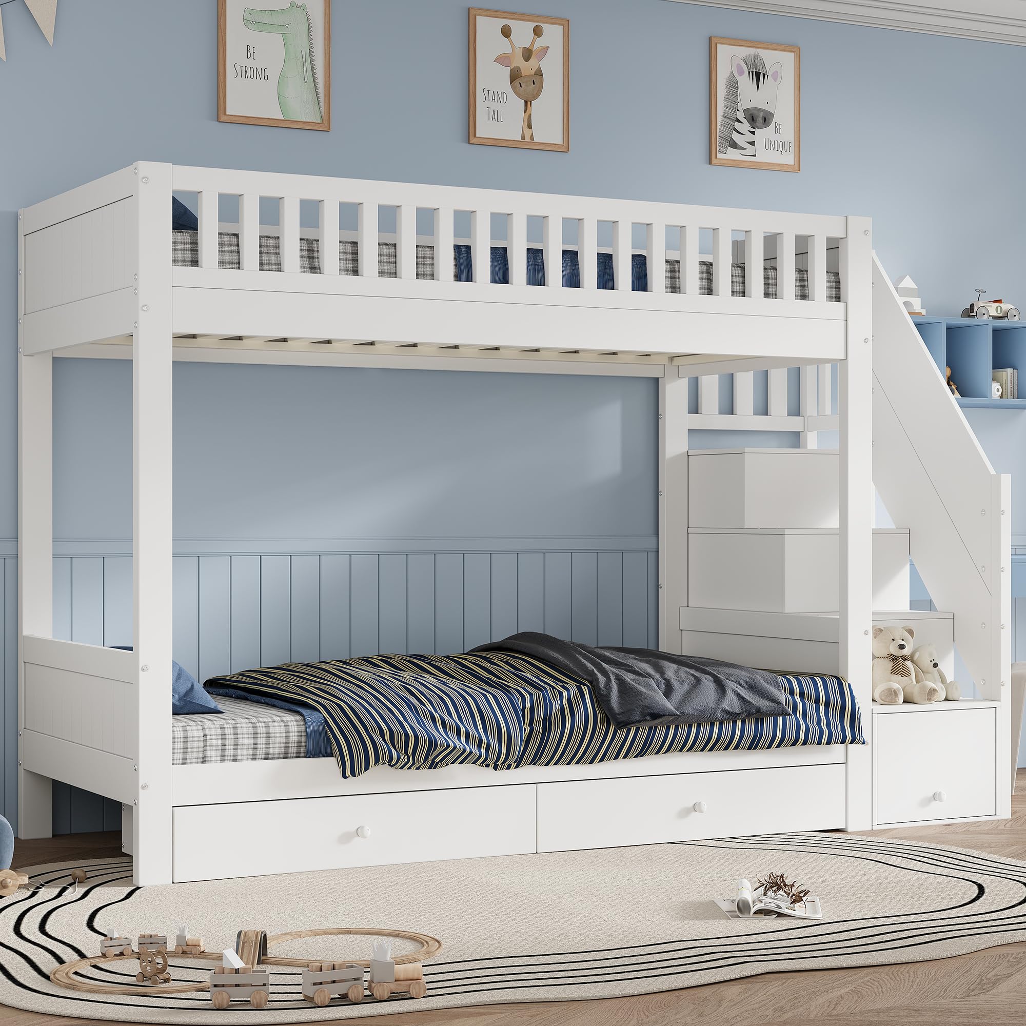 Litera blanca para niños, 90 x 200 cm, de madera, con escalera de almacenamiento, 2 cajoneras, protección contra caídas, cama alta para habitación infantil, sin colchón