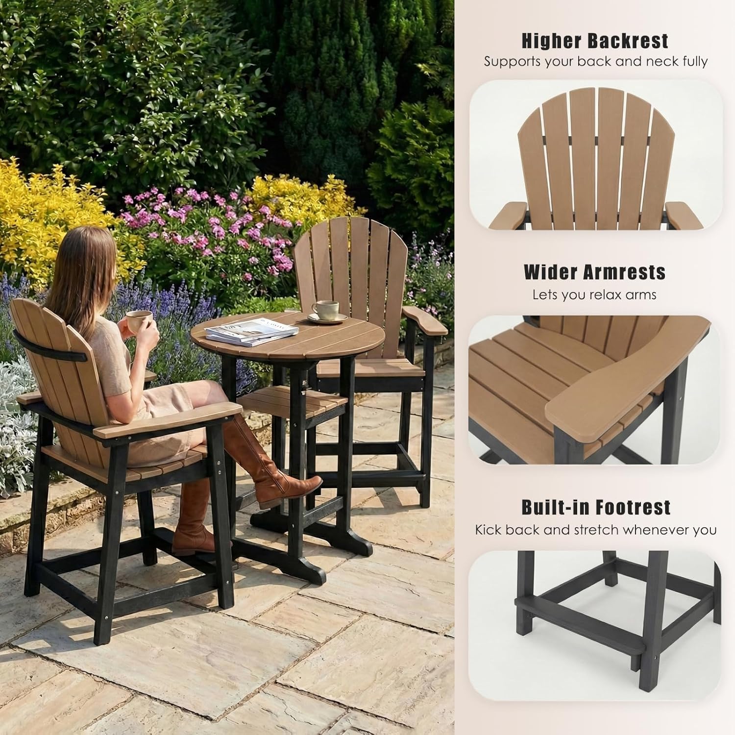 OTSUN Outdoor High Top Adirondack Table and Chairs, All Weather Outdoor HDPE Bar Furniture Set for Balcony, Deck, Backyard, Patio, Garden