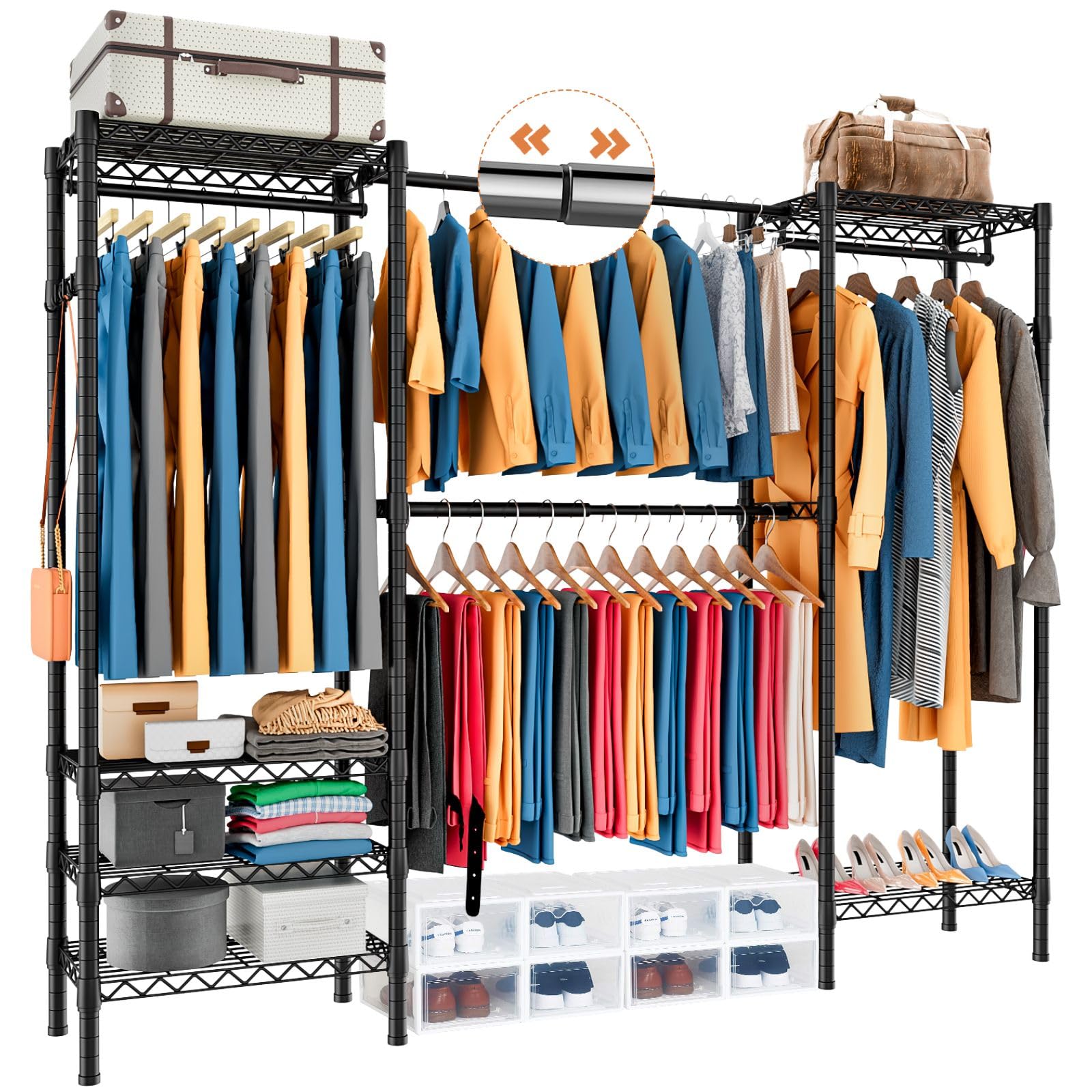 PASRLD Retractable Clothing Rack:6 Tiers Adjustable Metal Clothes Rack with 4 Hanger Rods - Easy to Assemble for Effortless Style (Black)