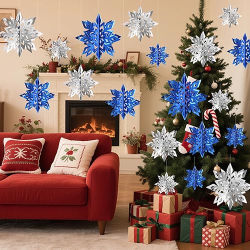 Vista 27 de 36 decoraciones de copos de nieve de Navidad, guirnalda de copos de nieve de papel blanco grande 3D para colgar copos de nieve para invierno, país