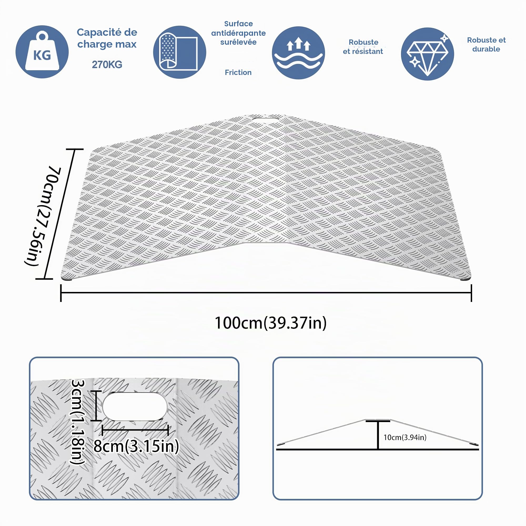 UISEBRT Rampe de seuil de porte, pour fauteuil roulant, en aluminium, antidérapante, portable, avec poignées, capacité de charge 270 kg (100 x 70 x 10 cm)