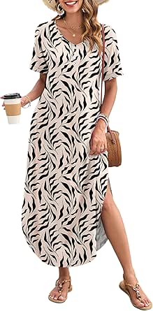 MOLERANI dames zomerjurken T-shirt korte mouw losse strandjurk V-hals casual jurken met zakken Bloemen Wit S