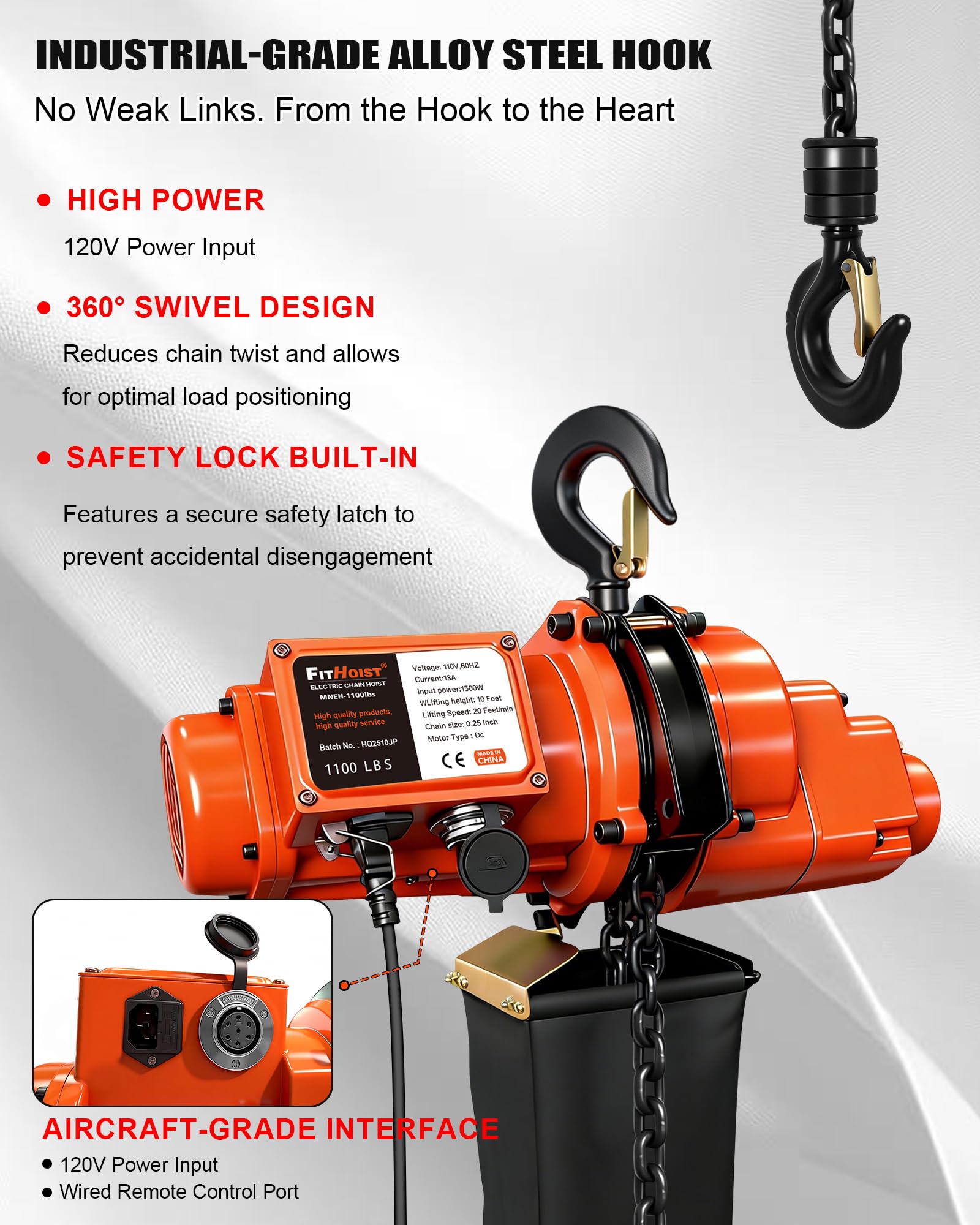 Polipasto eléctrico de cadena, polipasto eléctrico de 1100 libras con control remoto con cable de 20 pies, altura de elevación de 10 pies, grúa monofásica de 1500 W con cadena para fábricas
