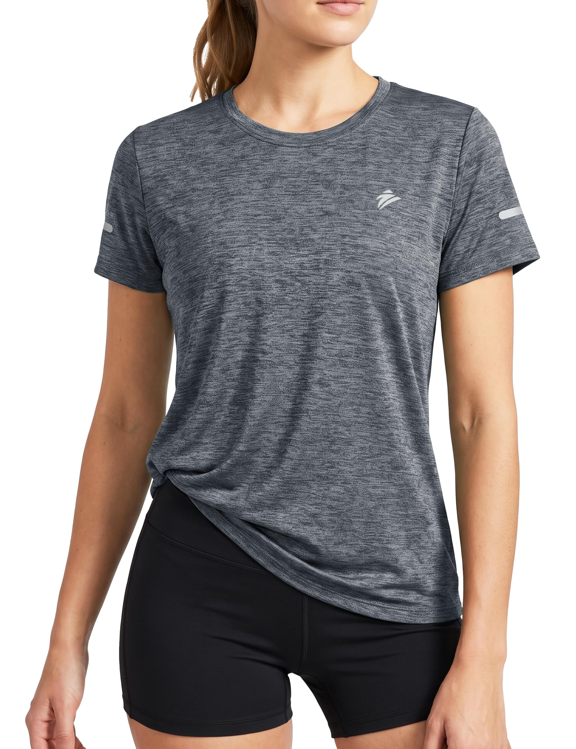 TACVASEN Damen Meliert Sport T-Shirt Laufshirt Kurzarm Sportshirt Rundhals Shirt Sommer Leicht mit Reflexstreifen