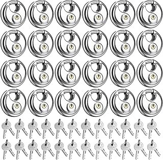 24 Pcs Keyed Padlock with 48 Pcs Keys Stainless Steel Discus Lock Outdoor Lock Waterproof and Rustproof Disc Lock Heavy Duty Padlock with 3/8 Inch Shackle for Warehouse Garage Storage Outdoor
