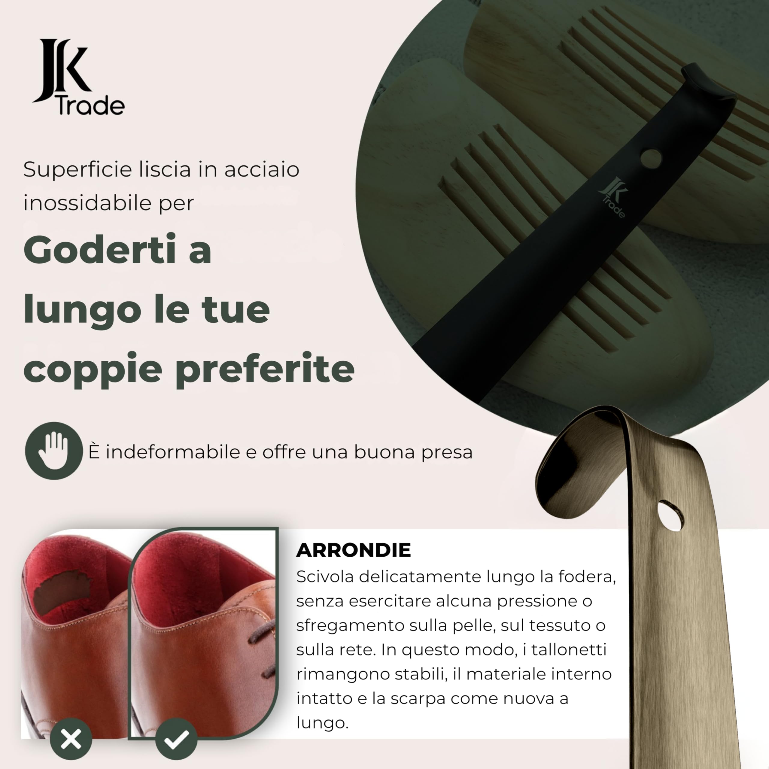 JK Trade® Calzascarpe in acciaio inox stabile da 62 cm, lunghezza 2 mm, in metallo lucido, lungo per stare in piedi, veloce e semplice, lunghezza e larghezza ottimizzate, per lavoro
