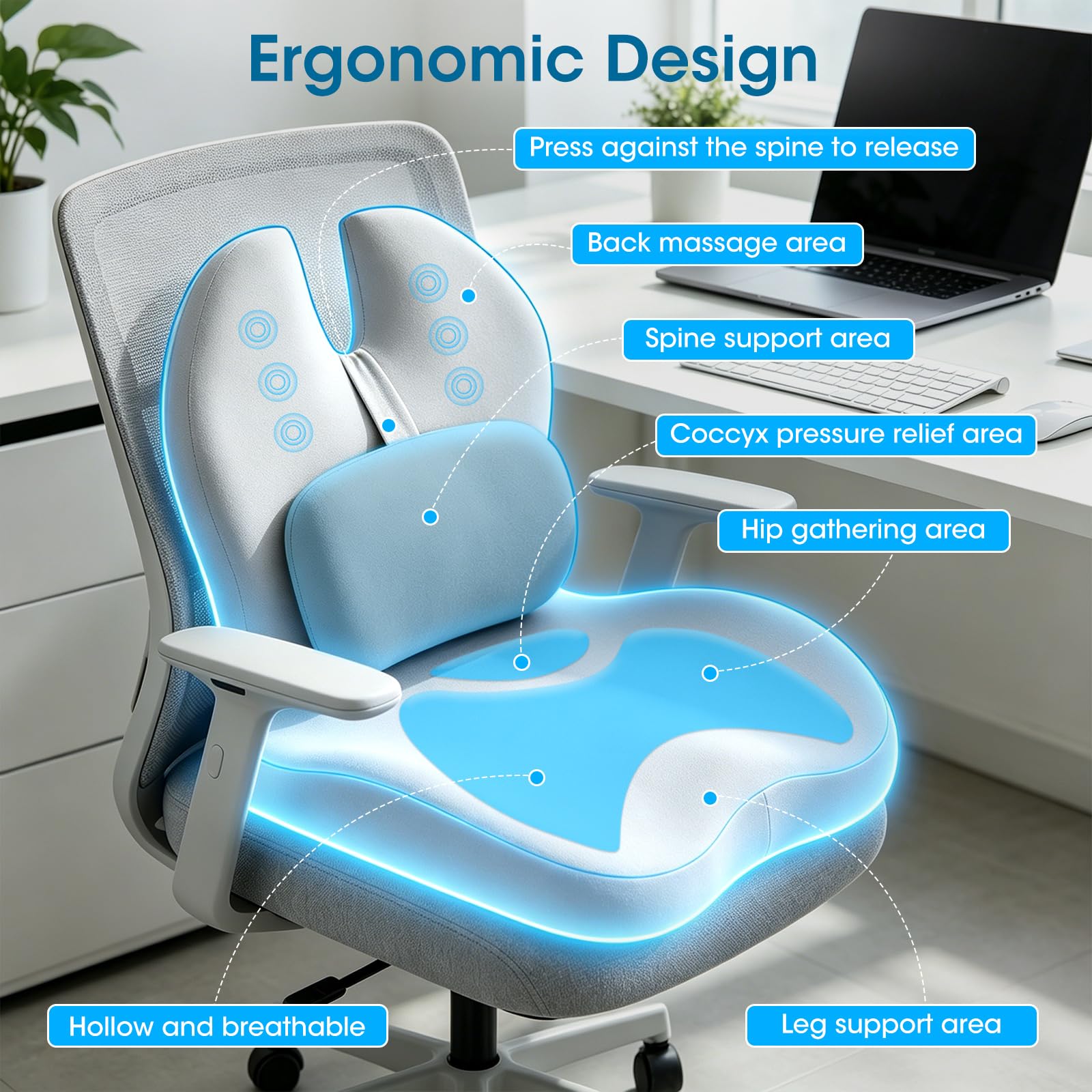 Coussin d'assise orthopédique 2 en 1 avec dossier, coussin d'assise ergonomique, chaise de bureau et voiture, pour soulager la pression en cas de douleurs au coccyx, support lombaire en