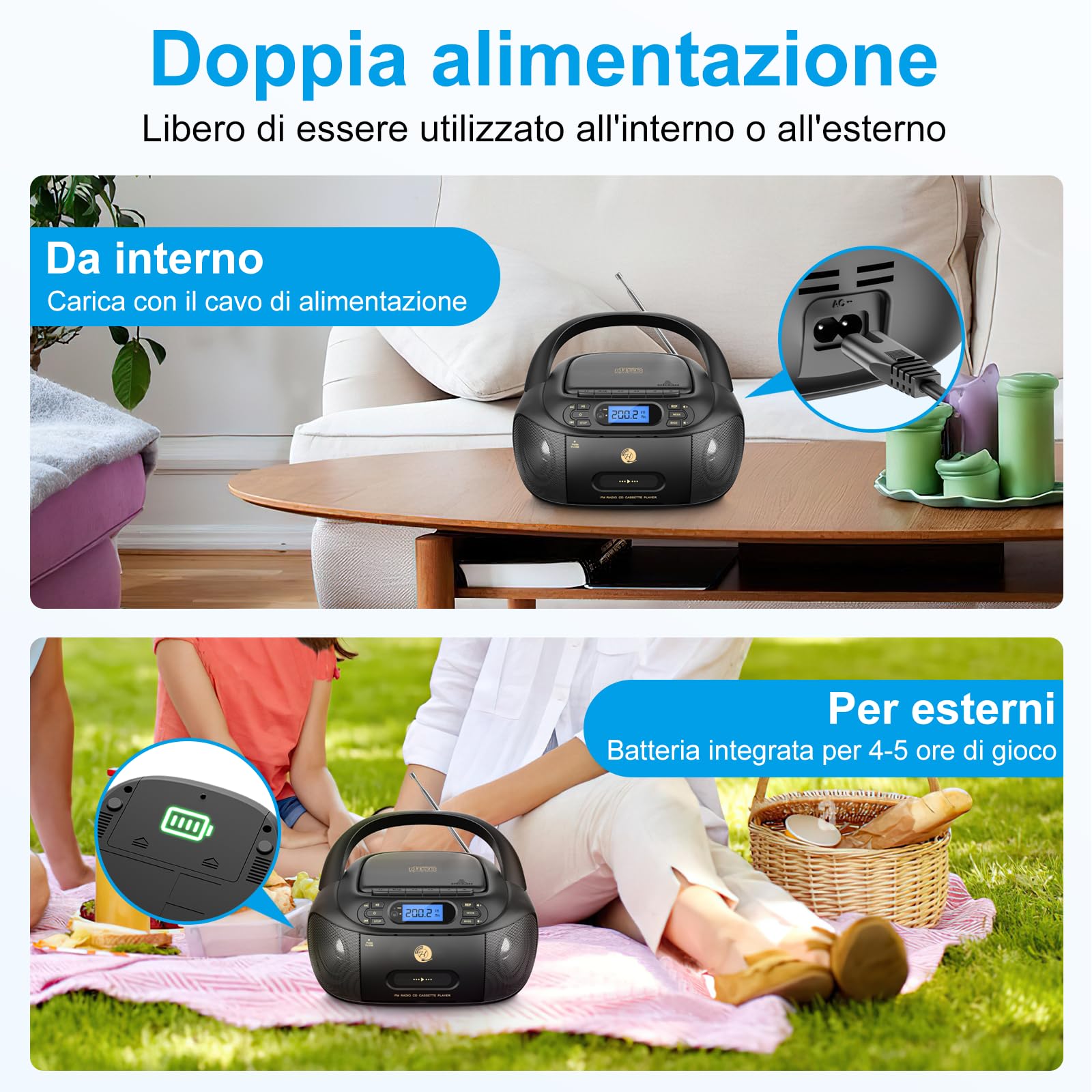 Lettore CD con Cassette, Radio FM Portatile, Lettore CD super basso Boombox con Bluetooth, Altoparlanti Stereo Incorporati, supporto AUX-In, Riproduzione USB, Uscita per cuffia