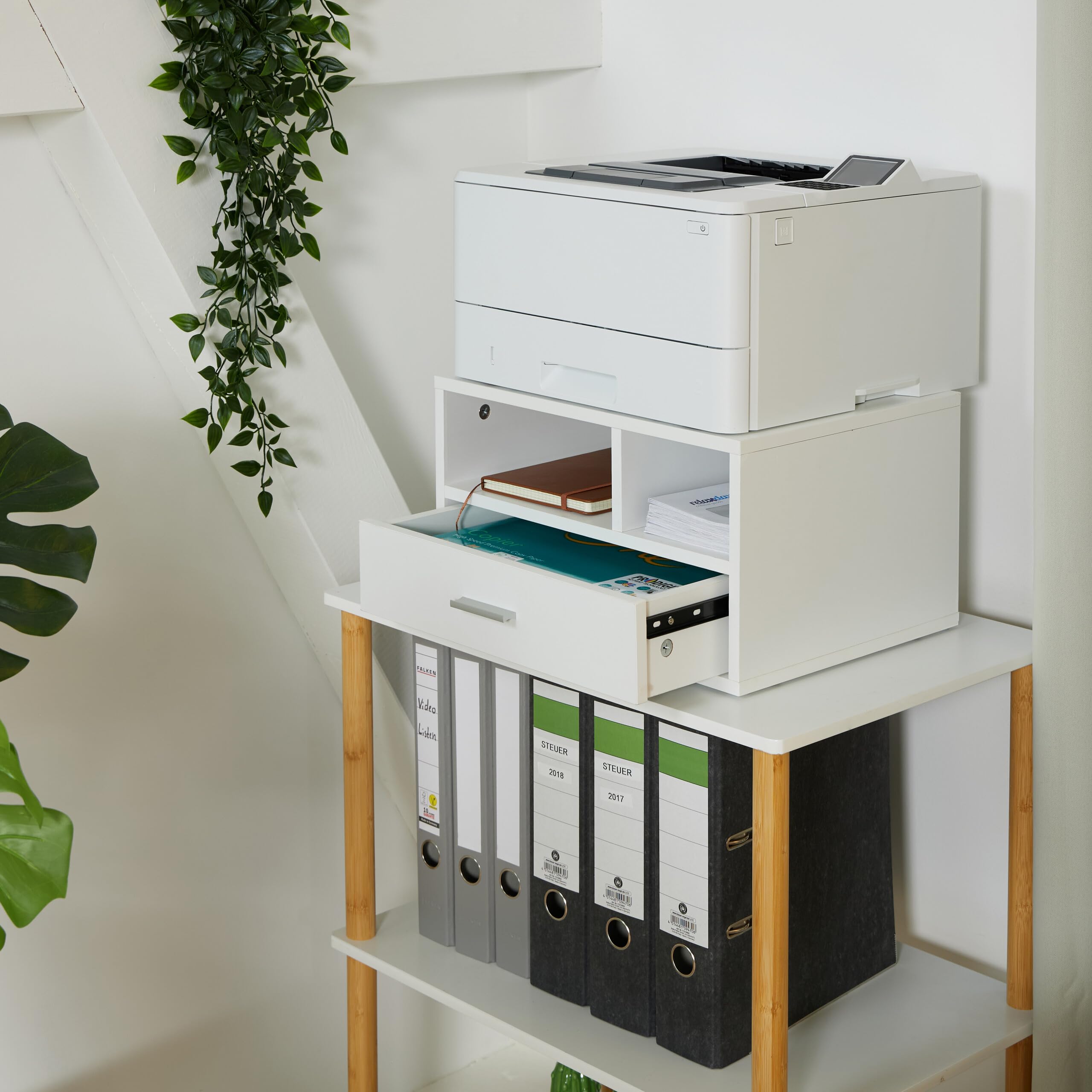 Relaxdays Supporto per Stampante con Cassetto e 2 Scomparti, Organizer Scrivania Portastampanti, HLP 22x40x30 cm, Bianco