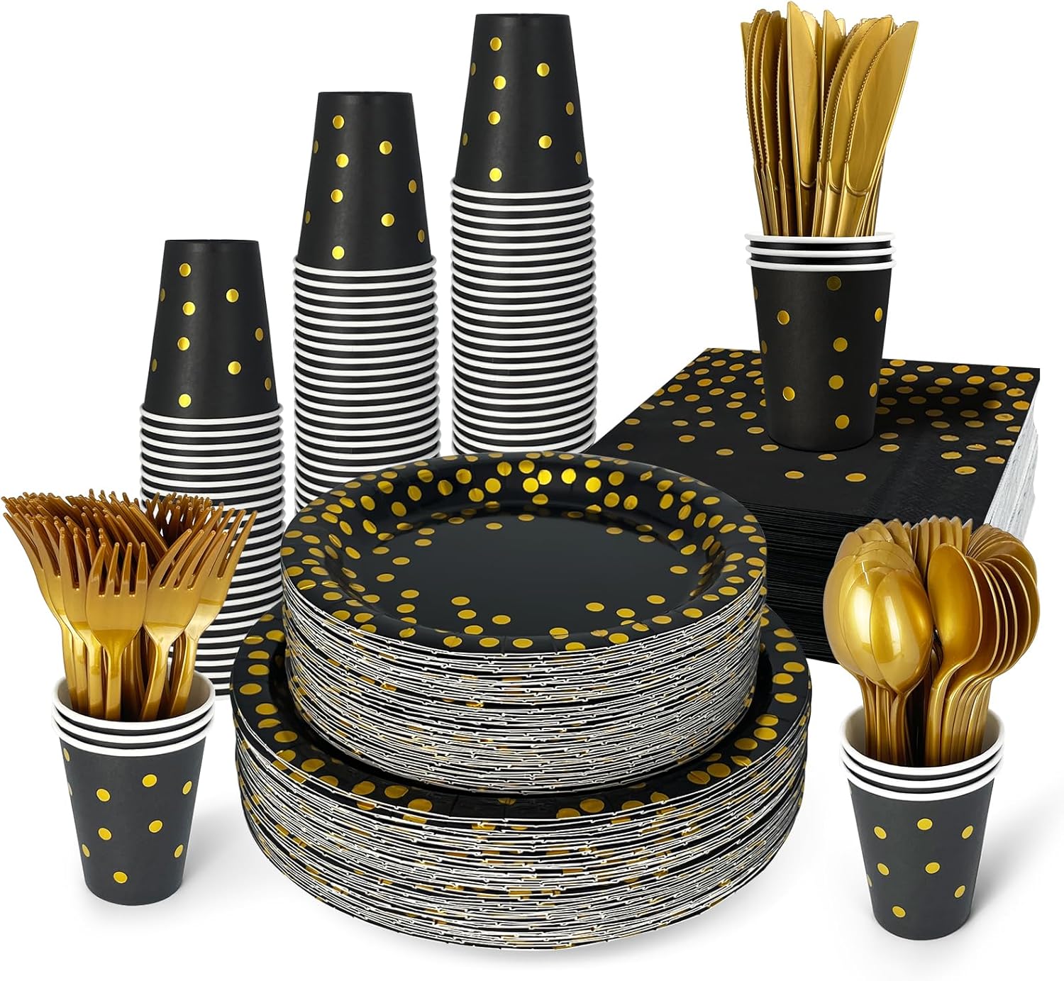 Disposable Plates for Party 50 Sets, Holiday Paper Plates and Napkins w/Cutlery & Cups, Heavy Duty Golden Dot Black Paper Plates and Napkins Cups for Baby Shower Birthday Wedding