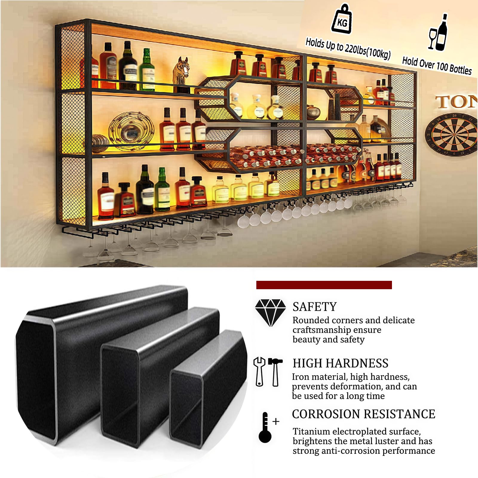 301cm Portabottiglie Da Parete con portabicchieri a LED, 4 ripiani Espositore Creativo Per Vino Da Parete, Metallo Porta Vino Portabottiglie da parete per bar, ristoranti e casa (301*125*25cm)