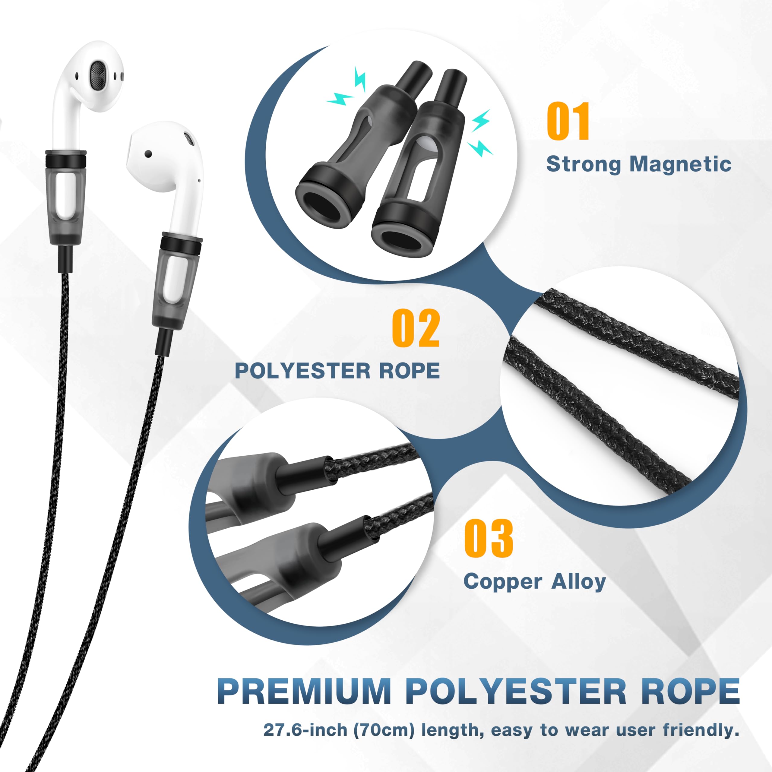 SANDIAN Anti-Lost Soft Silicone Strap Lanyard Rope For Wireless Earbuds Earphones, Adjustable Length, Fits Any AirPods (BLUE PACK - View #2