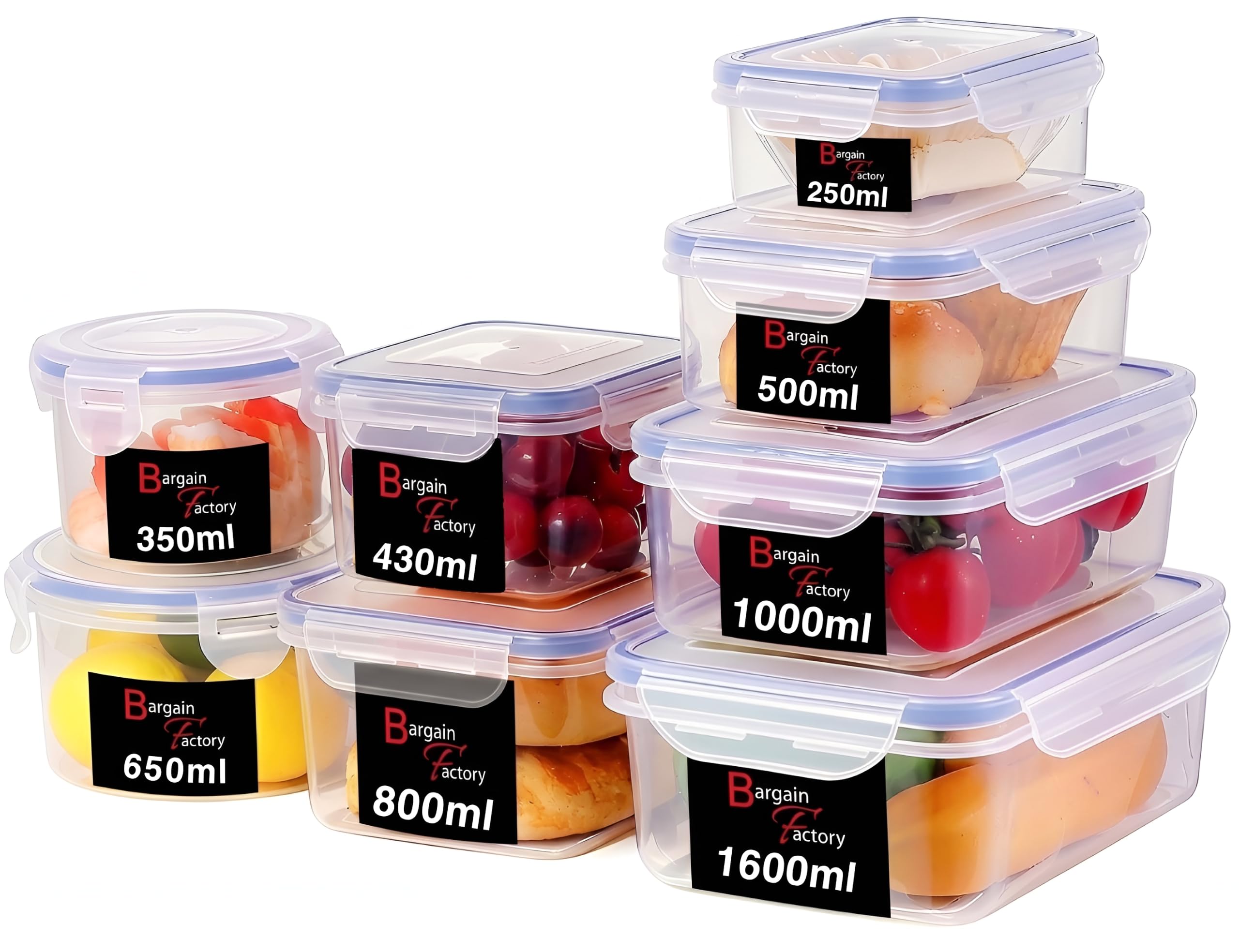 Bargain Factory Transparent 2 Food Storage Containers 16Pcs (8 Container + 8 Lids) Leak Proof Airtight Plastic Food Containers With Lids Pantry & Kitchen Containers, Bpa Free Microwave & Freezer Safe, 250Ml-1.6L