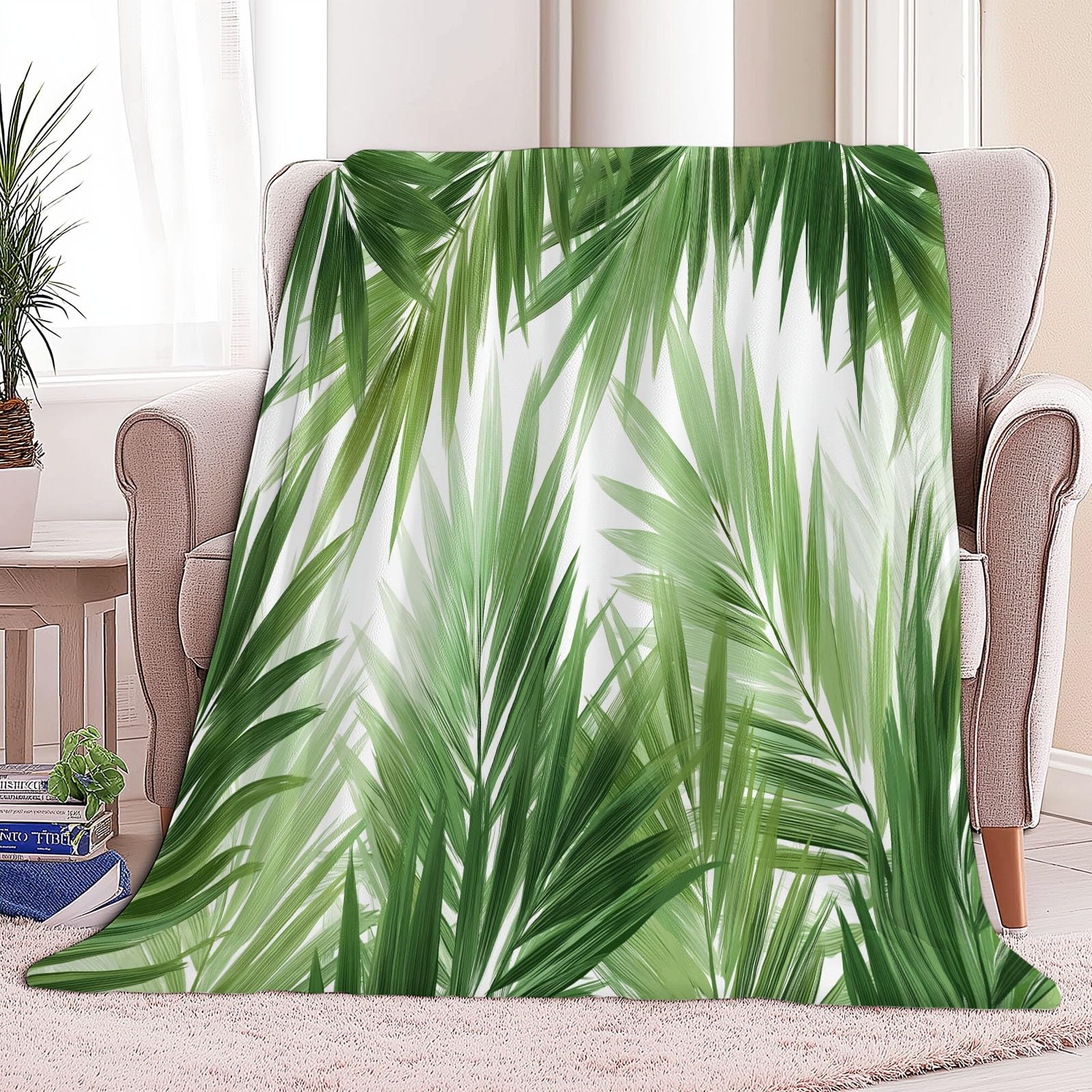 Koc polarowy flanelowy roślinna tekstura palmy, narzuta na sofę, wygodna narzuta na łóżko 2-osobowy koc w kratę zimowy, 220 x 240 cm zielony