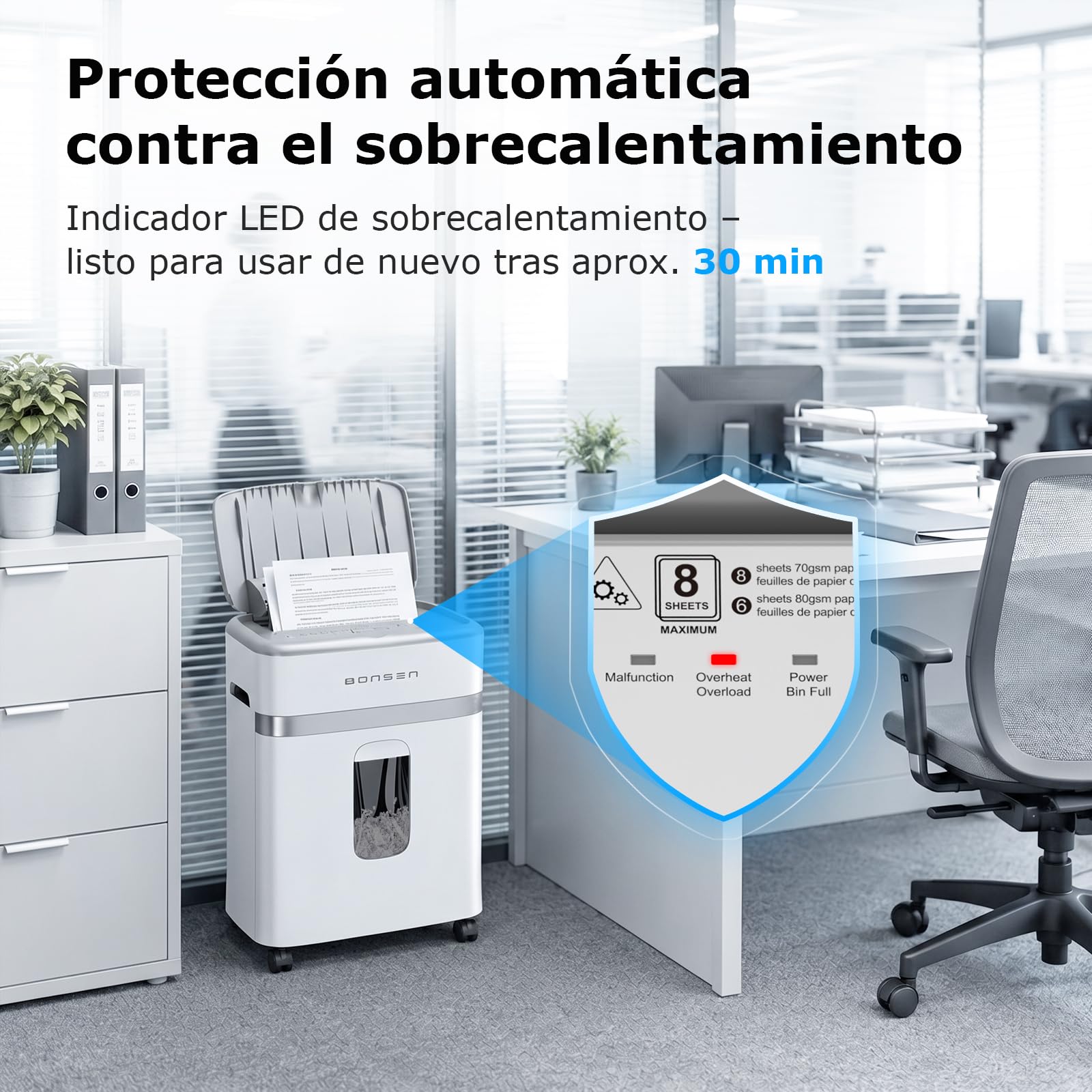 Bonsen Destructeur de Documents 100 Feuilles Auto-Feed, P-4 Micro-Coupe | 30 Min. de fonctionnement en continu & silencieux ≤60dB pour maison et bureau, S9201