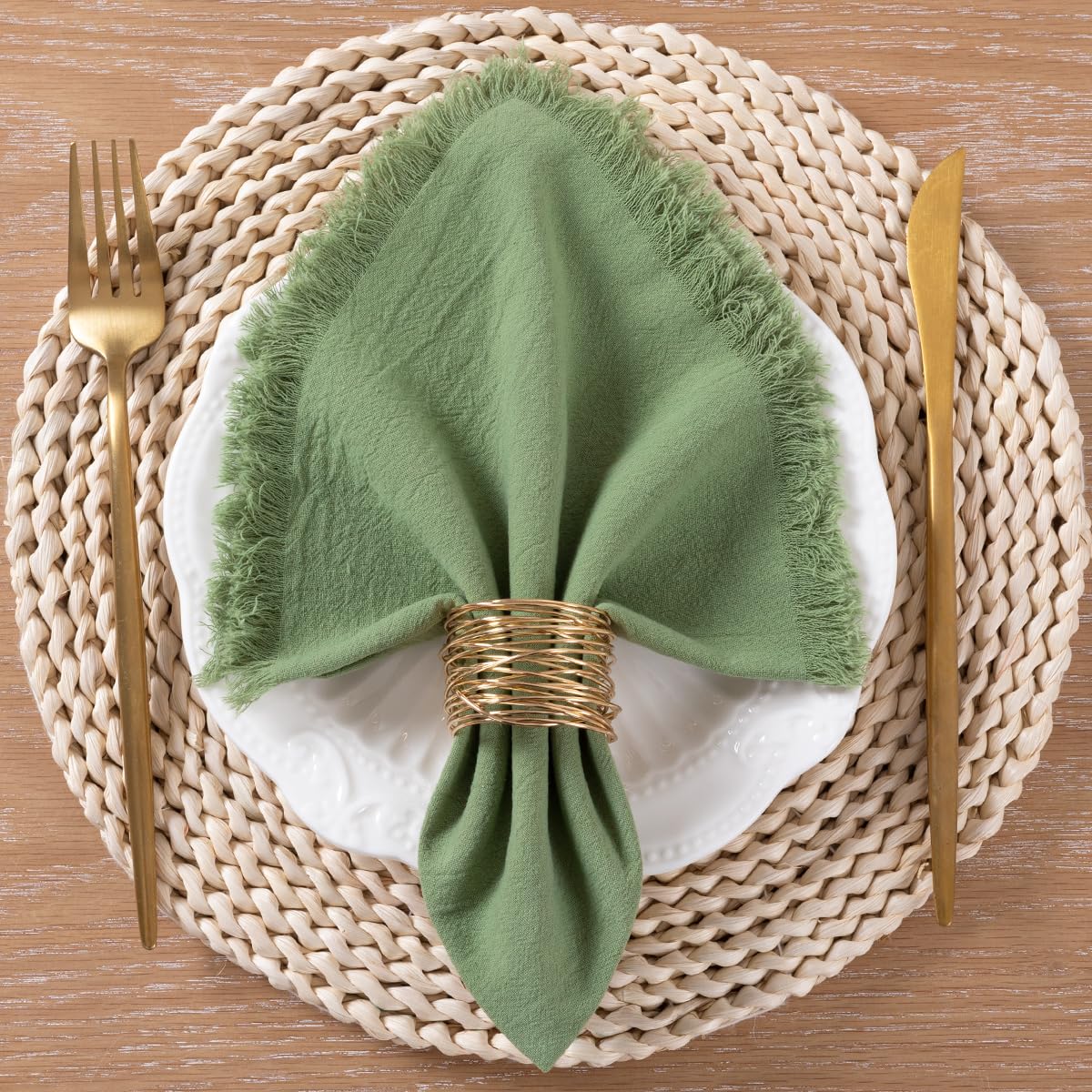 4 Tovaglioli Stoffa Fatti A Mano 43x43 Cm In Cotone E Lino | Con Frange | Eleganti Per Matrimoni, Cene E Uso Quotidiano | Colore Salvia - 5