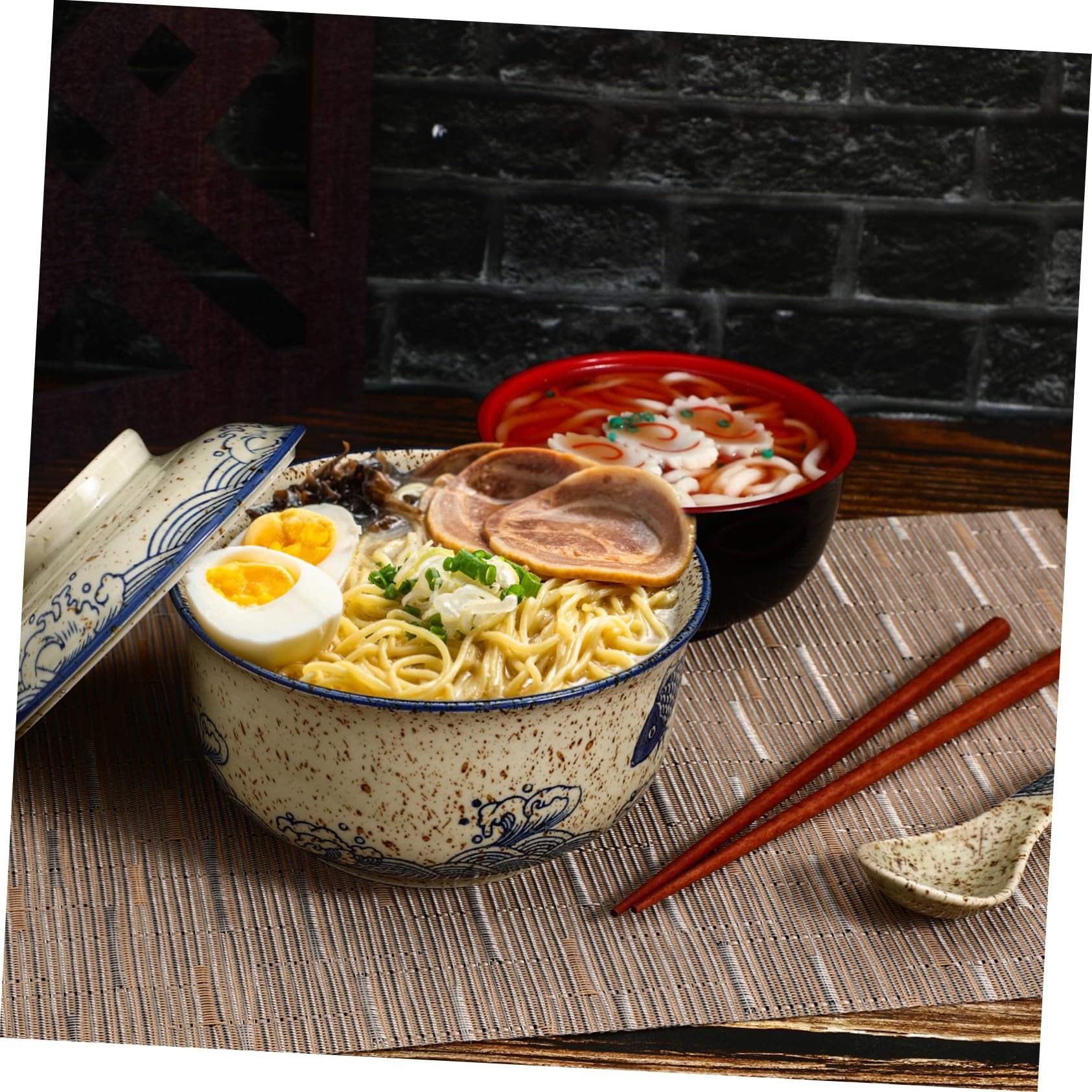 Ramen Elegant mit Deckel Schüssel Essstäbchen und Löffel Keramik 6,5 Zoll zum Servieren von Suppe und Nudeln